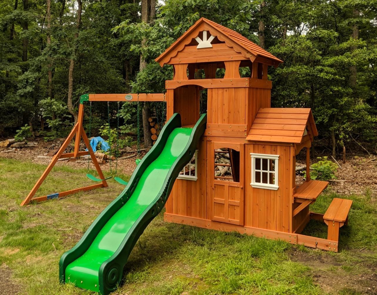 Backyard Discovery Shenandoah Cedar Wood Swing Set with Wave Slide, Raised Clubhouse, Playhouse, Play Kitchen, Belt Swings, Trapeze, Rock Wall, Ladder, Picnic Table, Full Door, Outdoor Playset customer photo 2