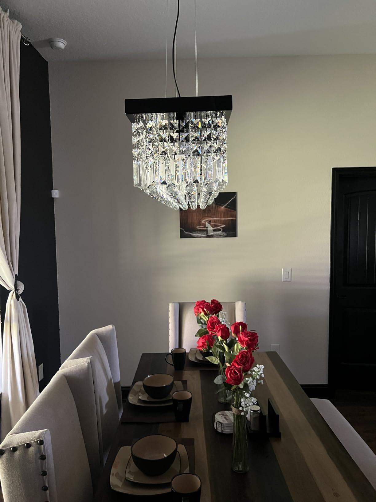7PM Rectangle K9 Crystal Chandelier Modern Rectangular Pendant Lighting Fixture for Dining Room Kitchen Island Bedroom Black L47'' x W10'' x H10'' customer photo 1