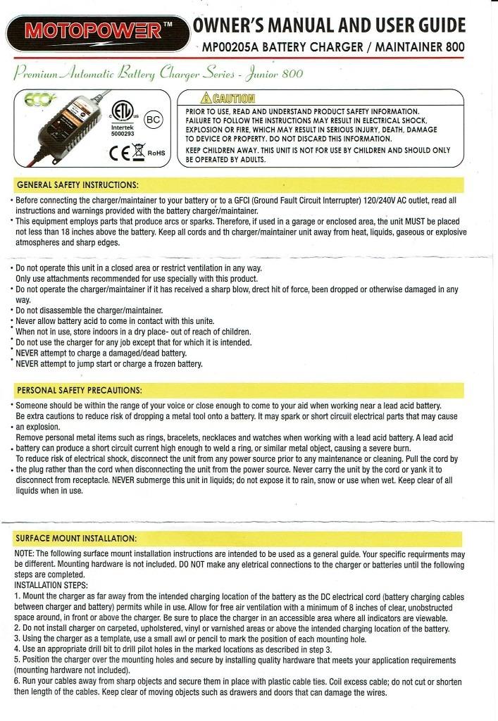 MOTOPOWER MP00205A 12V 800mA Automatic Battery Charger, Maintainer, Trickle and Desulfator customer photo 2