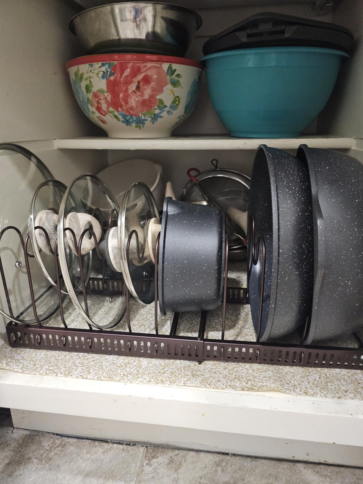 Toplife Pots and Pans Organizer Rack for Cabinet and Countertop, 10+ Pot Lids, Bakeware and Cookware Organizer Rack Holder with 10 Adjustable Compartments - Brown customer photo 2