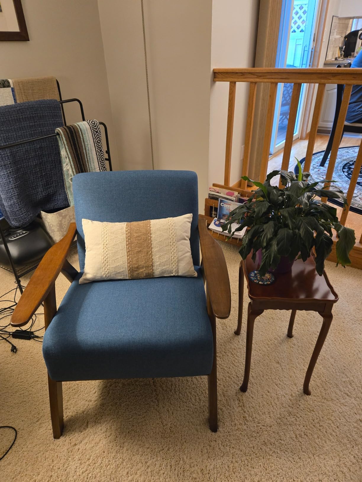 Lexicon Mid Century Modern Accent Chair with Solid Wood Frame in Walnut Finish, Upholstered Living Room Lounge Arm Chair, Thick and Comfy Innerspring Seat Cushion, Linen-Look Fabric, Blue customer photo 1
