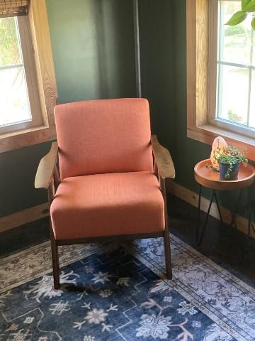 Lexicon Mid Century Modern Accent Chair with Solid Wood Frame in Walnut Finish, Upholstered Living Room Lounge Arm Chair, Thick and Comfy Innerspring Seat Cushion, Linen-Look Fabric, Blue customer photo 2