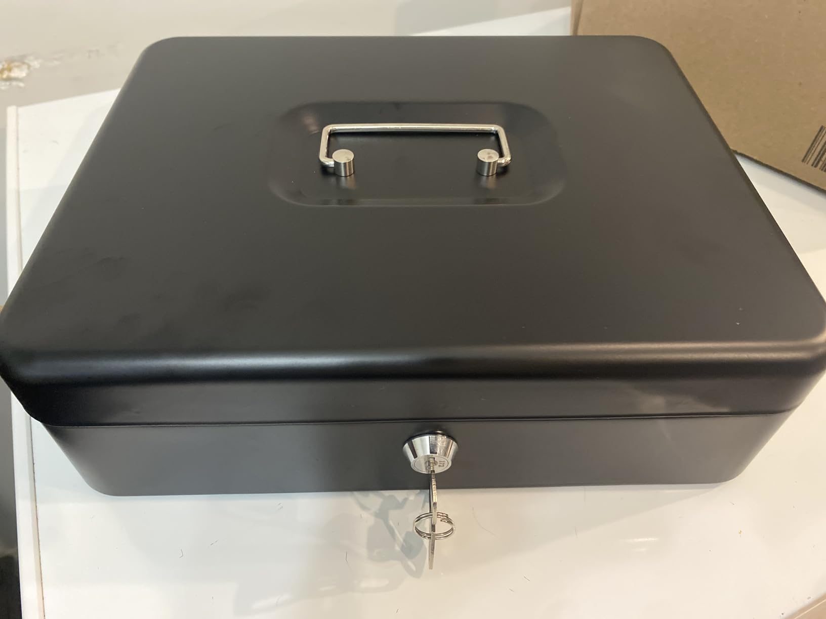 Cash Box with Lock Key and Money Tray - Large Money Box for Cash Register, Metal Lock Box for Money Safe 11.8