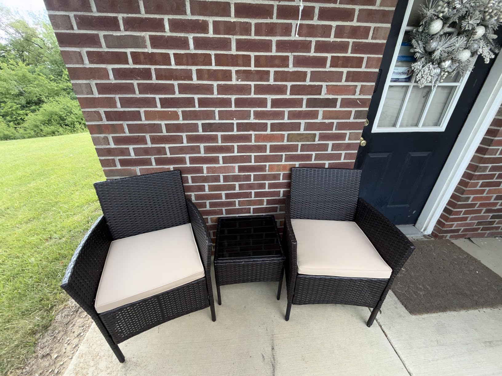 Yaheetech 3 Pieces Patio Porch Furniture Set, Outdoor PE Rattan Wicker Conversation Set with Soft Cushions, Glass Coffee Table & 2 Chairs for Garden/Deck/Courtyard/Poolside, Brown/Khaki customer photo 1