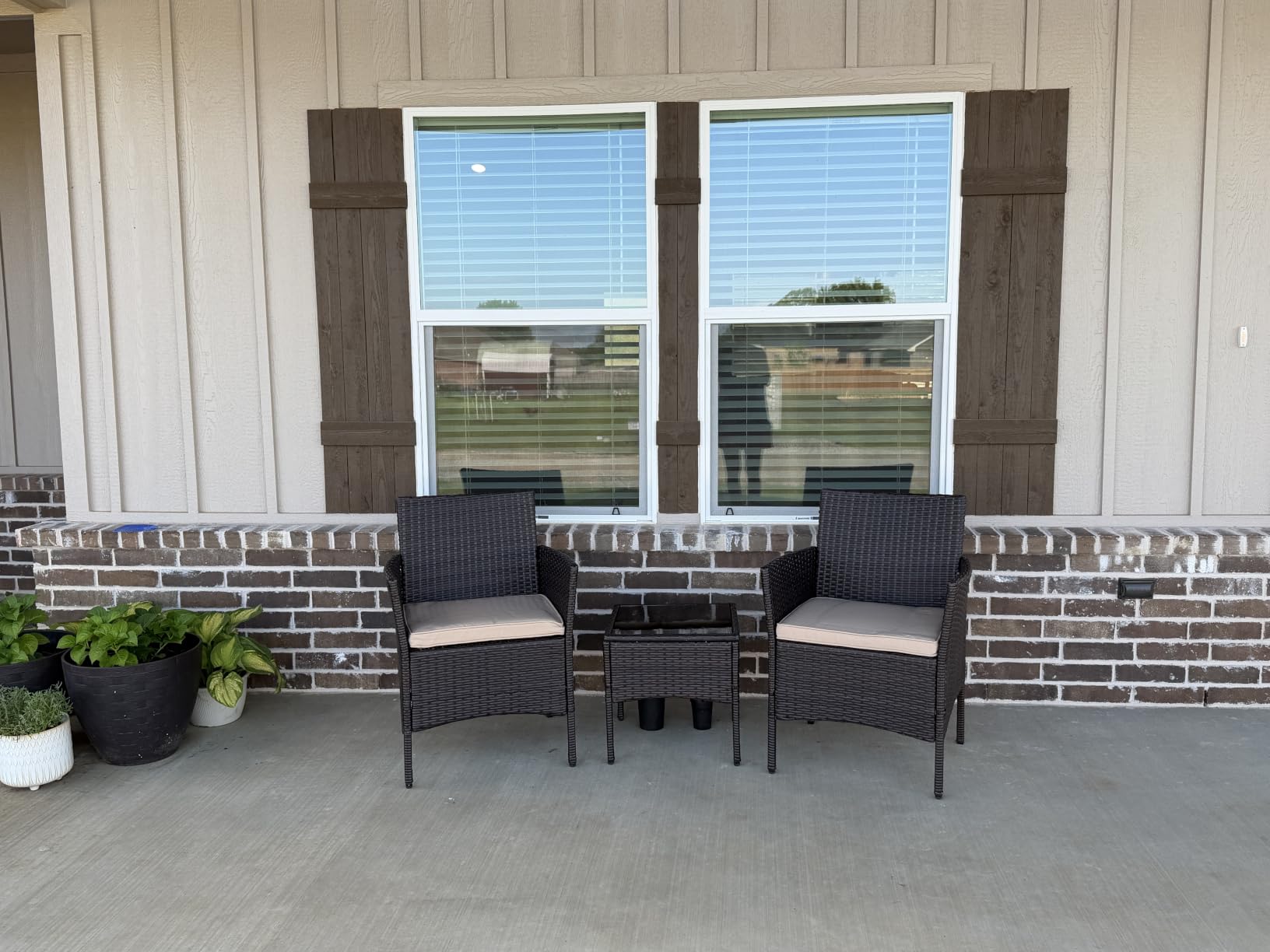 Yaheetech 3 Pieces Patio Porch Furniture Set, Outdoor PE Rattan Wicker Conversation Set with Soft Cushions, Glass Coffee Table & 2 Chairs for Garden/Deck/Courtyard/Poolside, Brown/Khaki customer photo 2