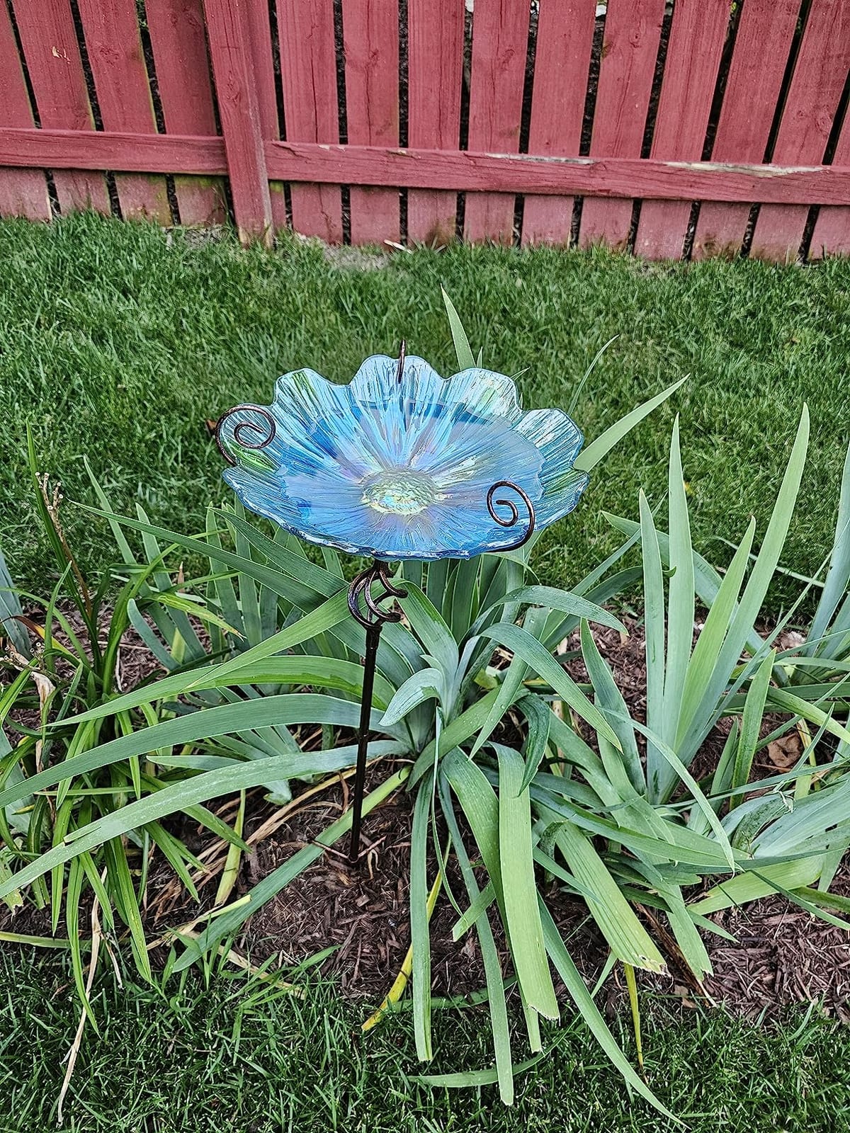 MUMTOP Glass Birdbath Birdfeeder with Metal Stake Garden Yard Outdoor Blue | 31inch height stain glass bird bath for outside,Blue flower bird bath bowl,attract wild birds and beautify outdoor gardens customer photo 1