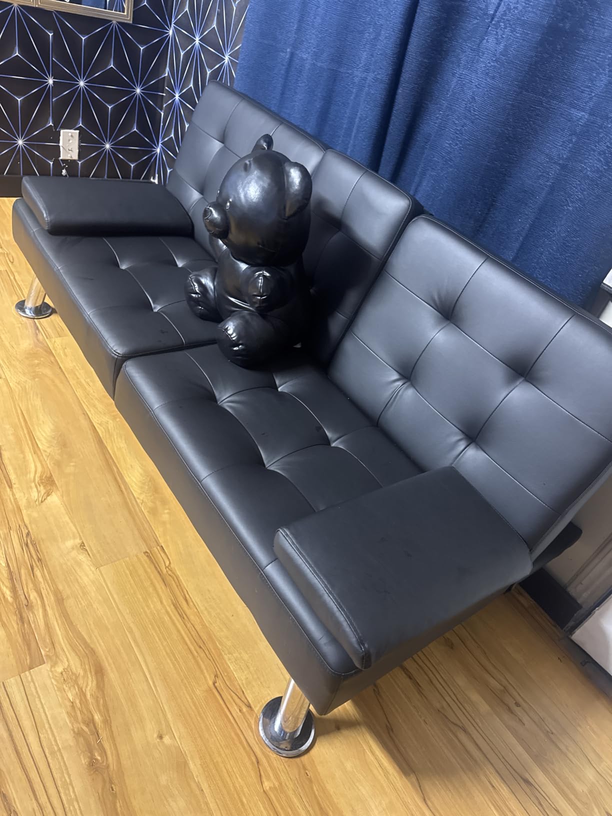 Flamaker Futon Sofa Bed, Black Faux Leather Convertible Loveseat Couch customer photo 1