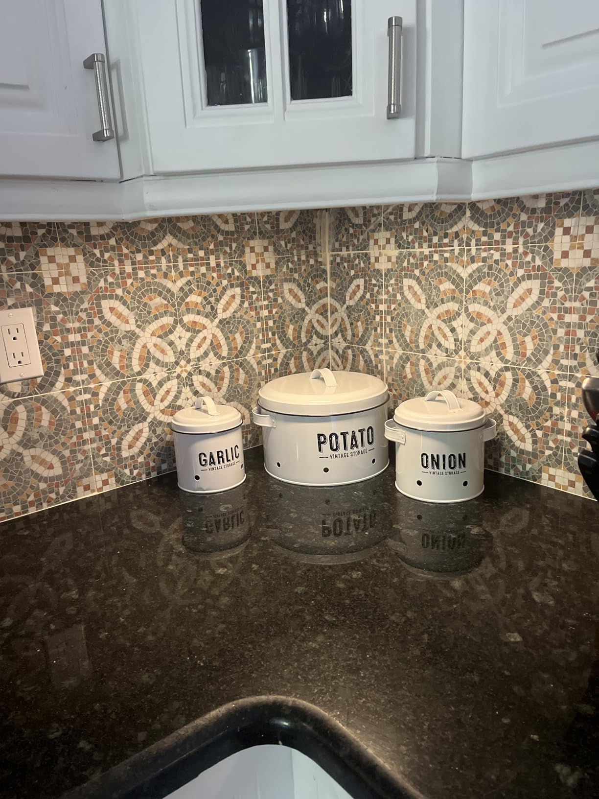 Granrosi Potato and Onion Storage Bin Set with Garlic Storage, White Metal | 3-Piece Kitchen Canister Set for Countertop, Rustproof Metal & Vented Design Keeps Produce Fresh Longer, Farmhouse Style customer photo 2