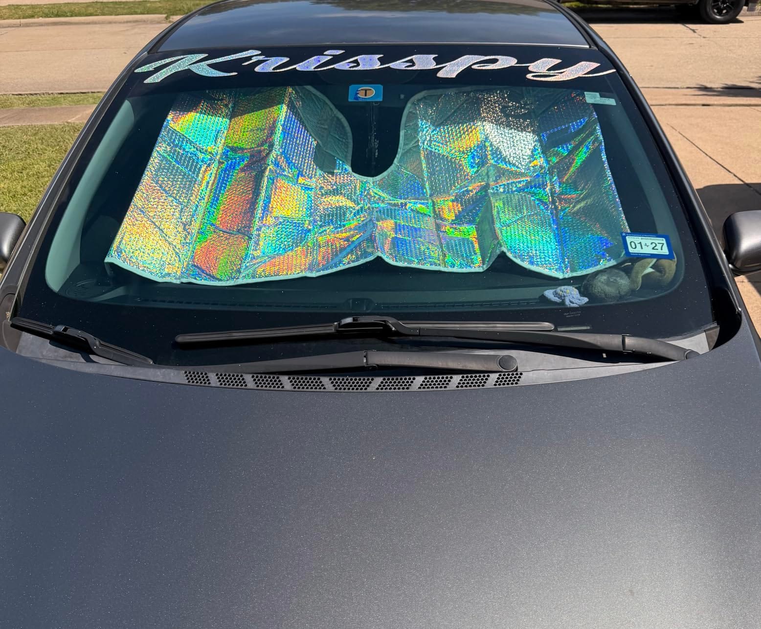 BDK Iridescent Matte Black Front Windshield Sunshade Accordion Folding Style Auto Shade for Car Truck SUV Van Blocks UV Rays Sun Visor Protector Easy Setup Keeps Your Vehicle Cool - 58 x 27 inches customer photo 1