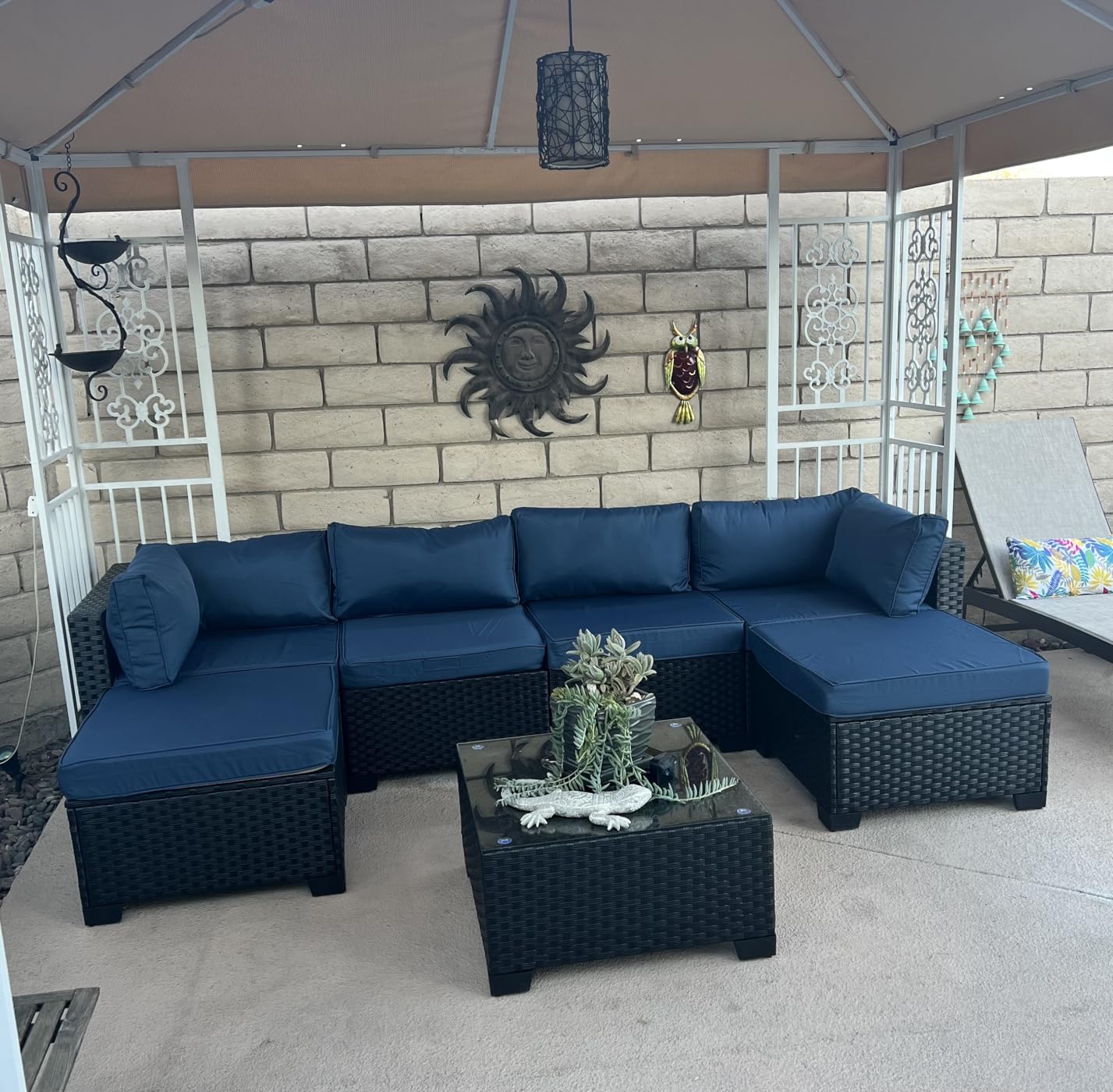 Lviden 7 Pieces Outdoor PE Wicker Furniture Set Patio Rattan Sectional Conversation Sofa Set with Navy Blue Cushions and Glass Top Table customer photo 1