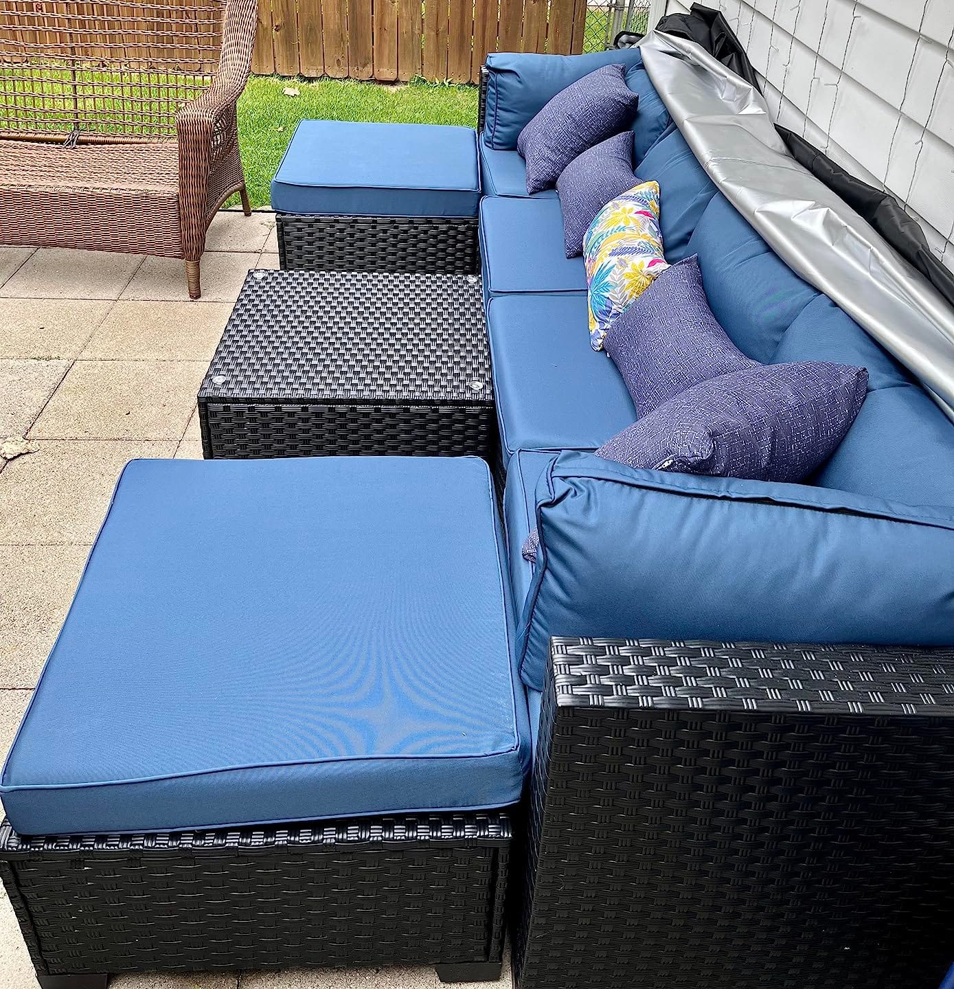 Lviden 7 Pieces Outdoor PE Wicker Furniture Set Patio Rattan Sectional Conversation Sofa Set with Navy Blue Cushions and Glass Top Table customer photo 2