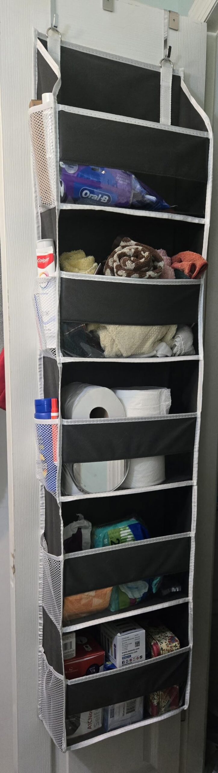 ULG 1 Pack Over Door Organizer with 5 Large and 10 Mesh Side Pockets, 44 lbs Weight Capacity Hanging Storage with Clear Window Kids Toys, Shoes, Diapers, Dark Grey, 5 Layers customer photo 2