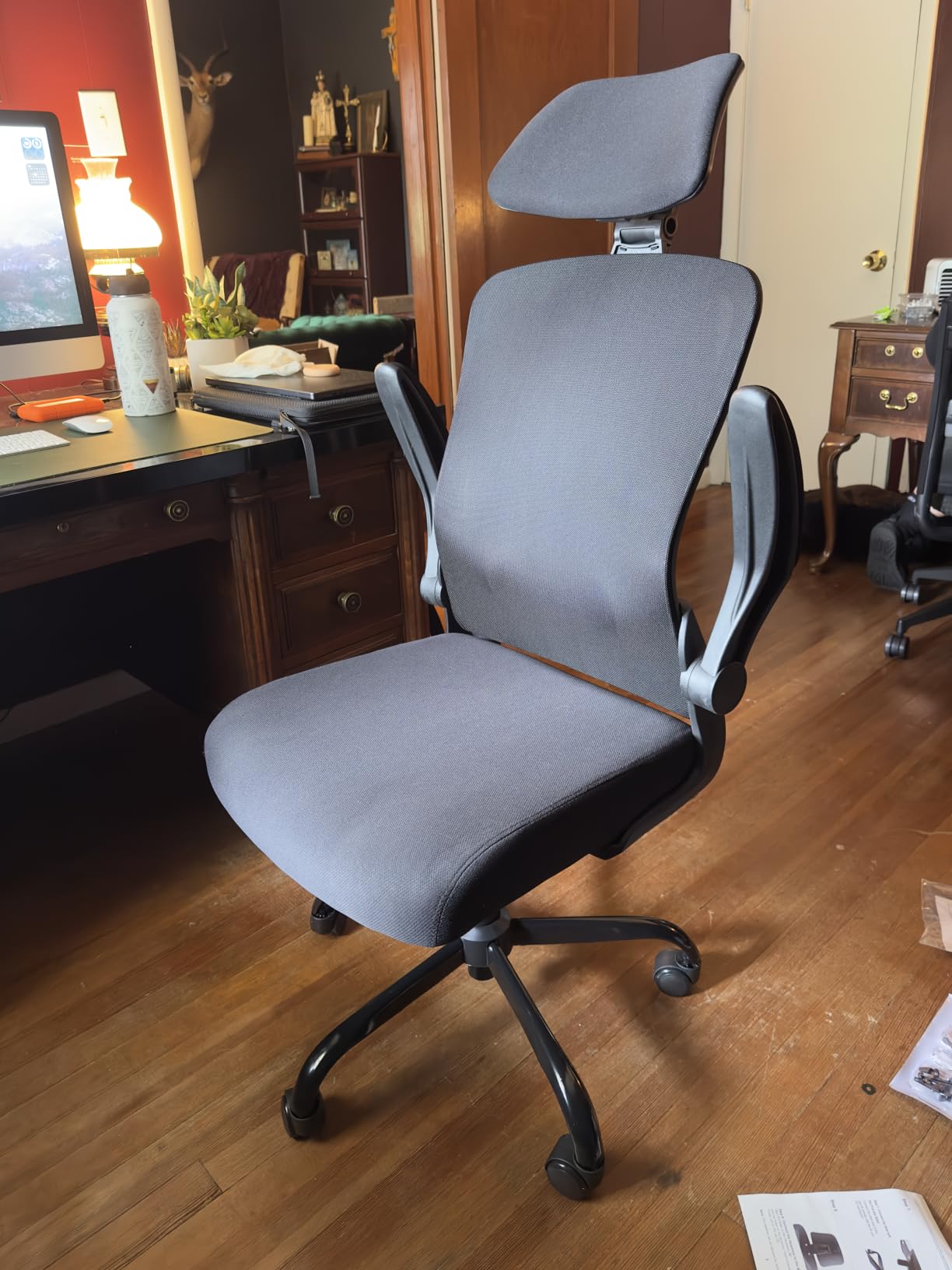 Mimoglad Office Chair, High Back Ergonomic Desk Chair with Adjustable Lumbar Support and Headrest, with flip-up Armrests for Guitar Playing, 5 Years Warranty (Moon Grey) customer photo 2