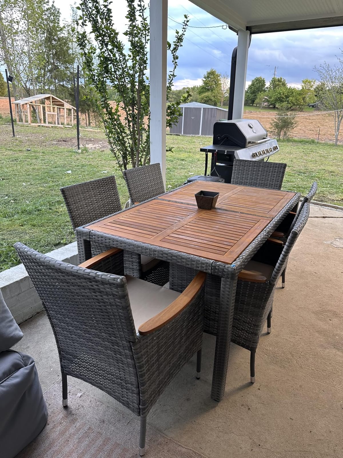 Devoko 7 PCS Acacia Wood Patio Dining Set, Black Rattan customer photo 2