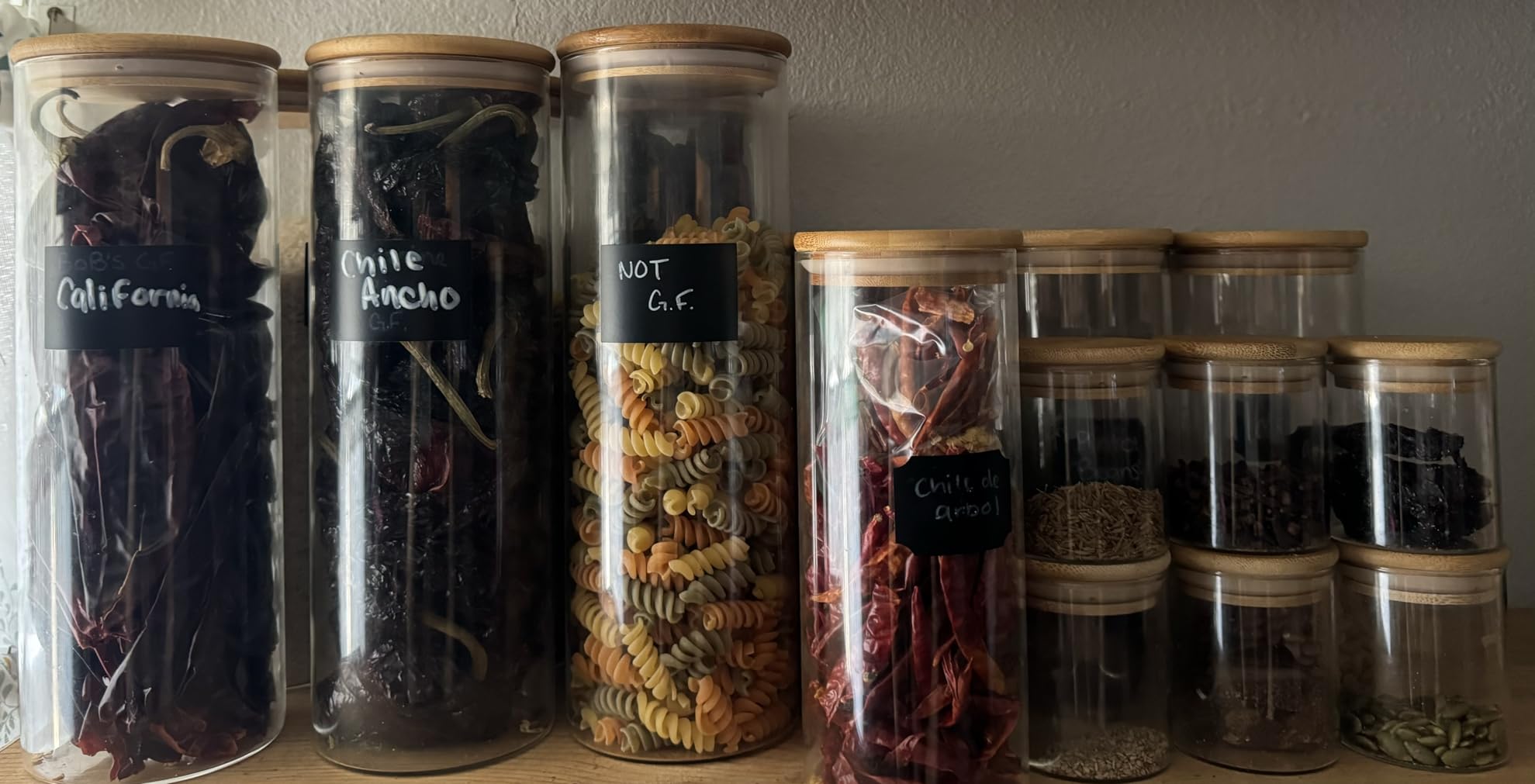 Vtopmart Glass Food Storage Jars, 7 Pack Kitchen Containers with Airtight Bamboo Wooden Lids for Pasta, Cookies, Nuts, Coffee Beans, Cereal, Canisters Set for Flour, Pantry Organization, BPA Free customer photo 2