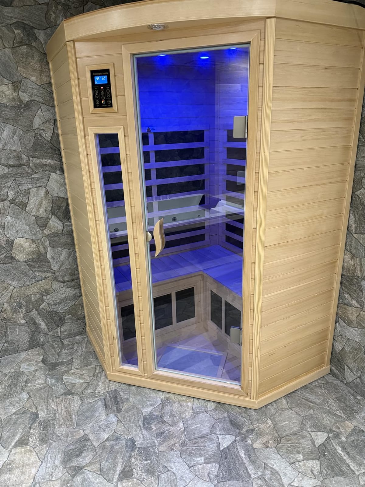 Far Infrared Wooden Sauna Room, 2-3 Person Home Sauna Canadian Hemlock Indoor Corner Sauna Spa, 2 Bluetooth Speakers, 2 LED Reading Lamp, 3 Chromotherapy Lights customer photo 2