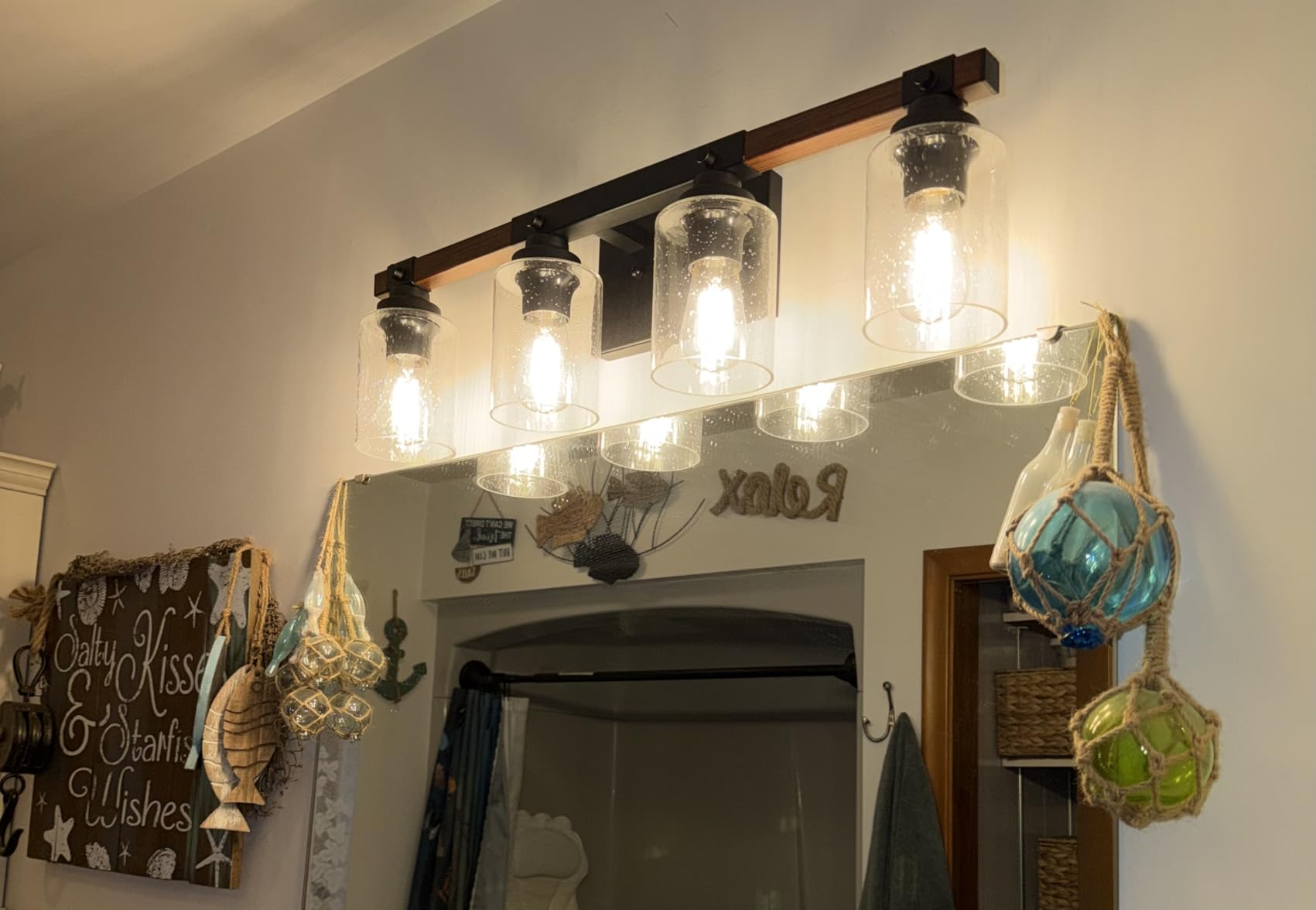 Amico 4-Light Farmhouse Bathroom Vanity Light, Seeded Glass, Black & Wood customer photo 1