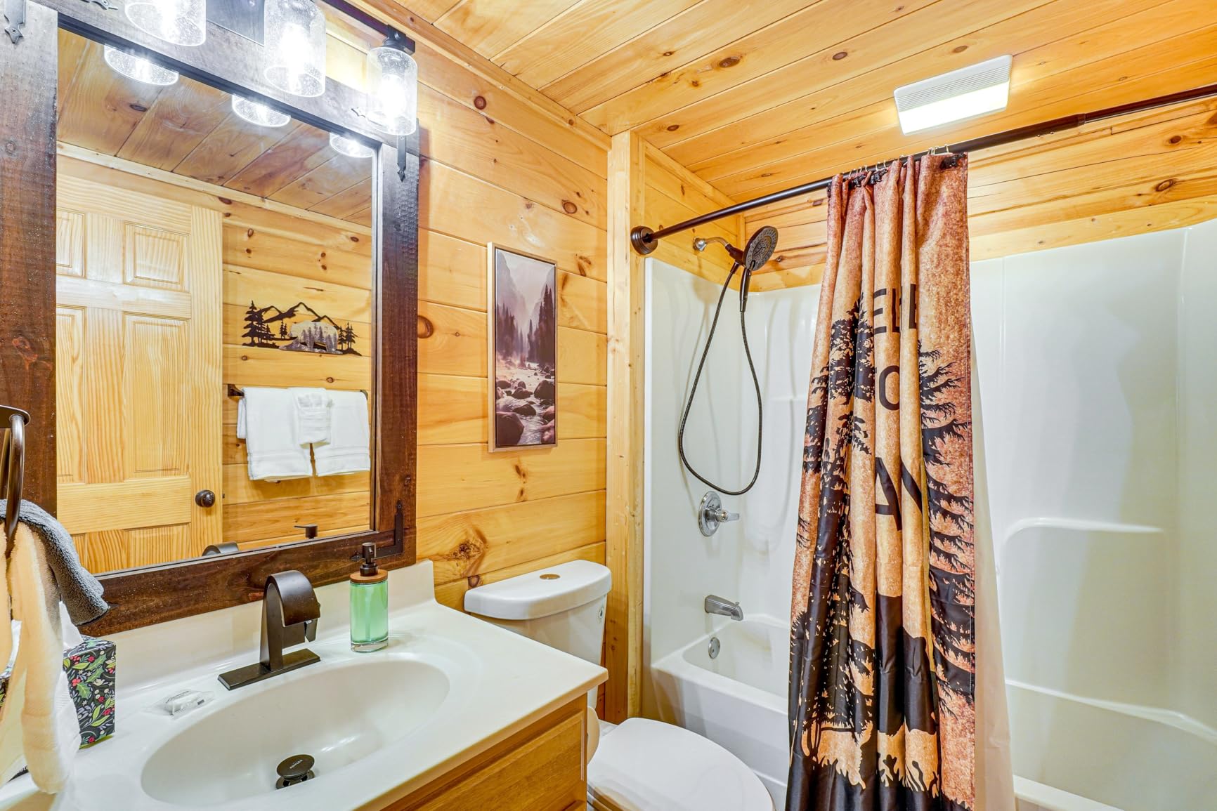 Amico 4-Light Farmhouse Bathroom Vanity Light, Seeded Glass, Black & Wood customer photo 2