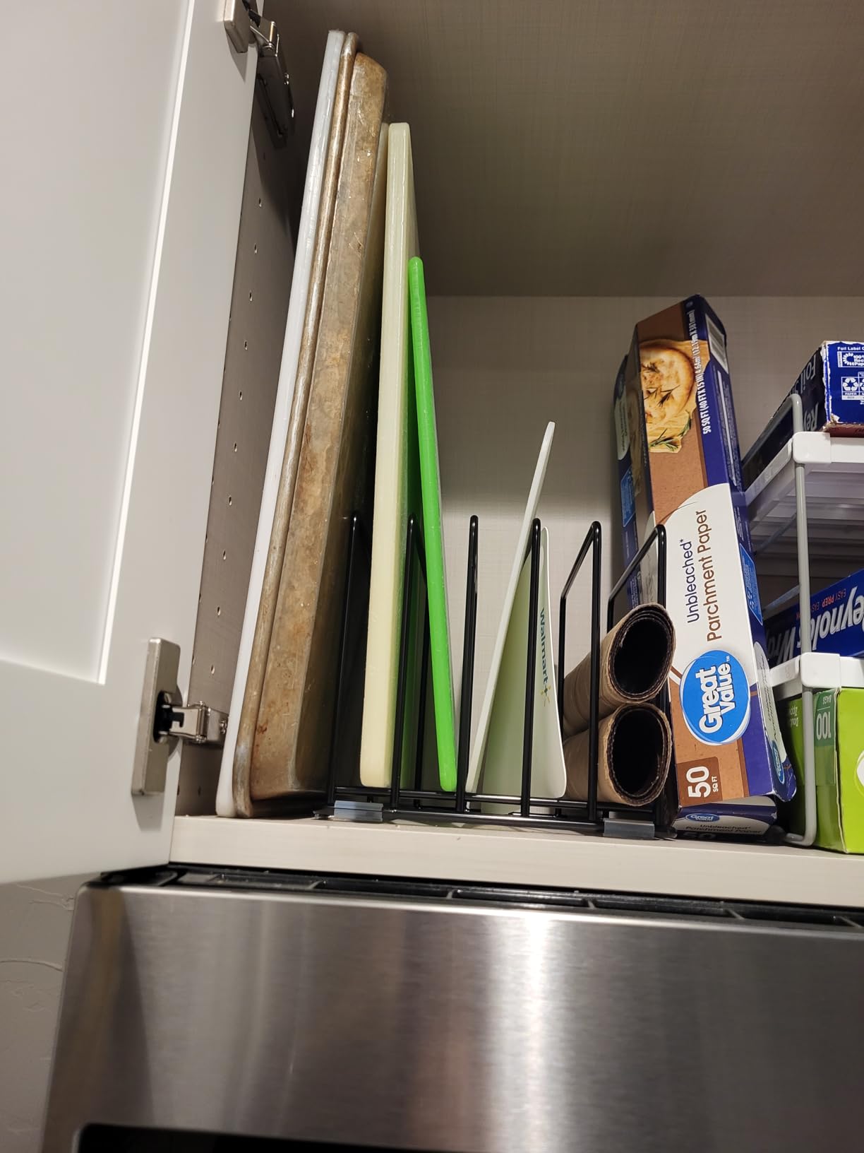 KORRTFID Kitchen Cabinet Organizer, Steel Cookware Holder, Divided Holder with 5 Slots for Skillets Baking Tray and Chopping Board Rack - Baking Pan Holder Storage (1 PC) customer photo 1