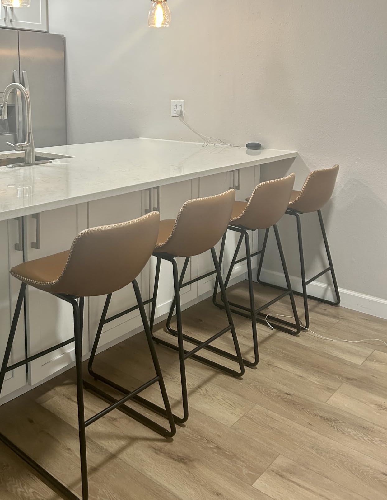 HeuGah Whiskey Brown Bar Stools Set of 3, 26 Inch Counter Height Stools with Back for Kitchen Island, Faux Leather Upholstery, Metal Base customer photo 2