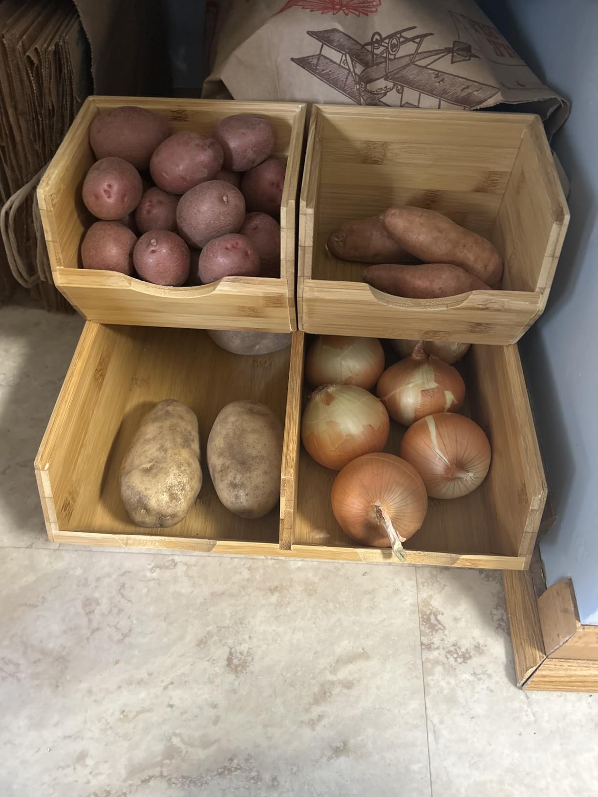 HOMESTEAD Bamboo Pantry Storage Bins – Stackable Potato & Onion Storage Bin for Kitchen Countertop, Pantry Organizer, Fruit Vegetable Basket, Multiuse - Set of 3 Slide-Out Access customer photo 1