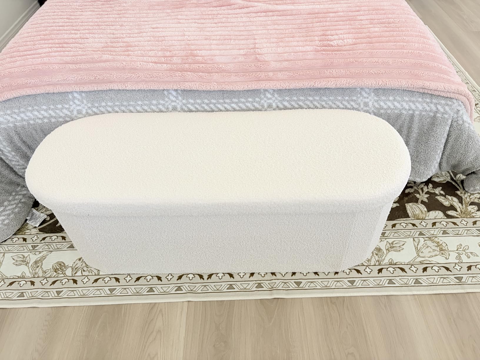 B FSOBEIIALEO Ottoman with Storage for Living Room, Sherpa Folding Storage Ottoman Foot Rest, 43.3 Inches Collapsible Bedroom Bench White Cream customer photo 2