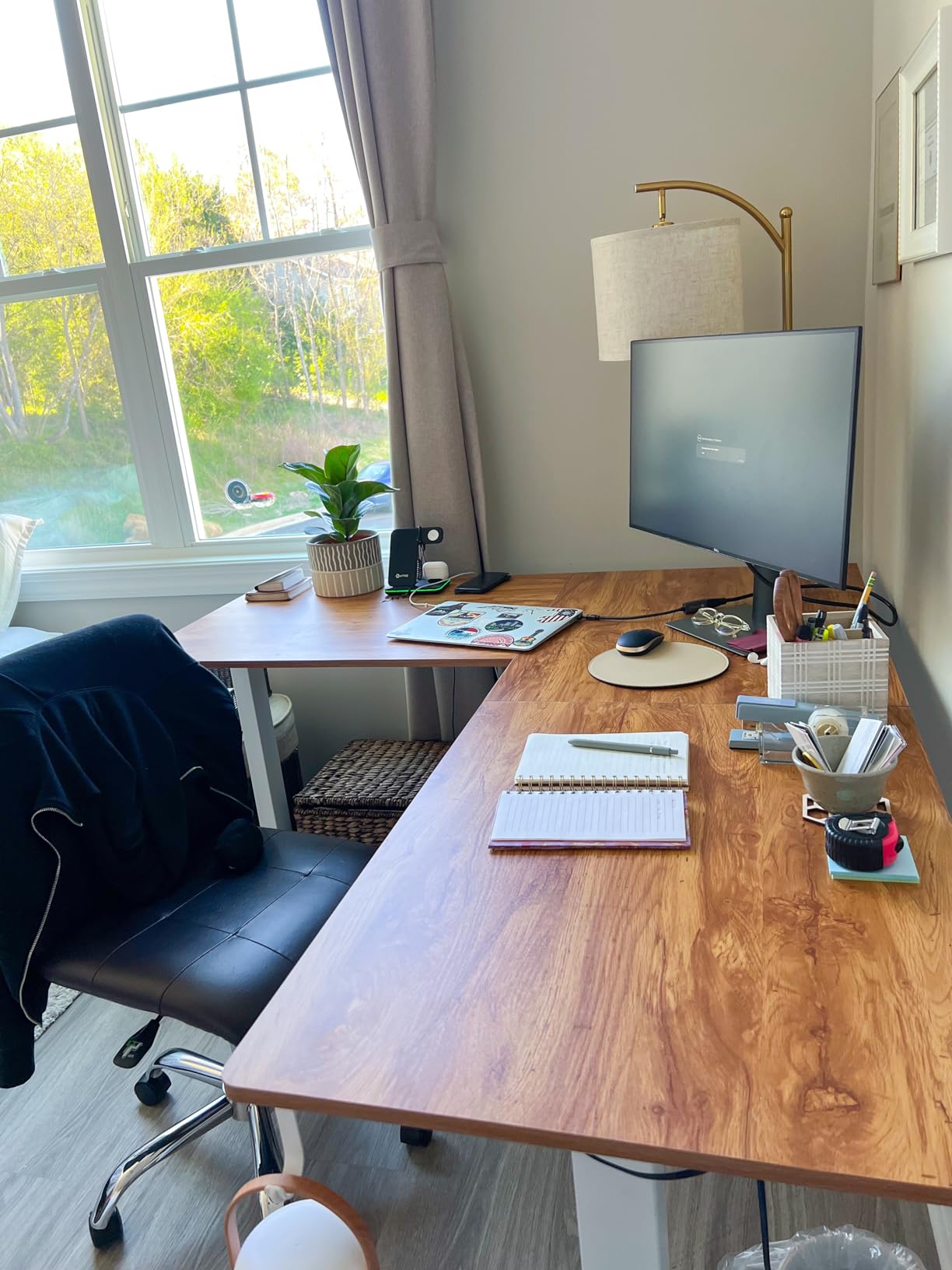 TIQLAB L Shaped Standing Desk Adjustable Height, Reversible Electric Corner Standing Desk, 63 x 55 inch Sit Stand Computer Table with Splice Board, Maple customer photo 2