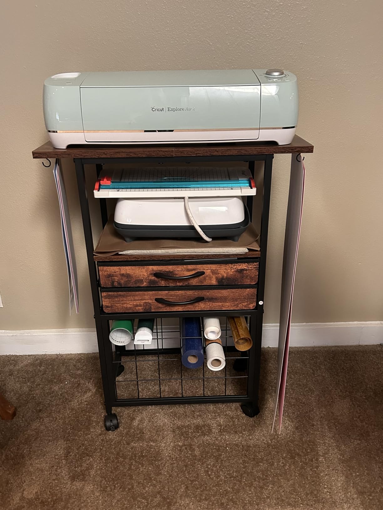 VENNQD Organizer and Storage Stand Compatible with Cricut Machines,Rolling Storage Cart/Shelf with 24 Vinyl Roll Holders,2 Fabric Drawer,Accessories Holder,Tool Hook for Craft Room Home (white) customer photo 1