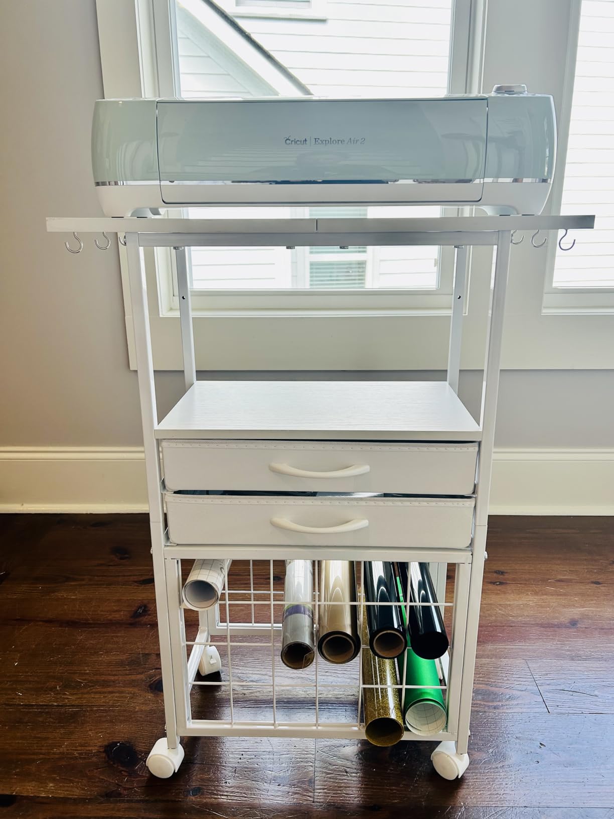 VENNQD Organizer and Storage Stand Compatible with Cricut Machines,Rolling Storage Cart/Shelf with 24 Vinyl Roll Holders,2 Fabric Drawer,Accessories Holder,Tool Hook for Craft Room Home (white) customer photo 2