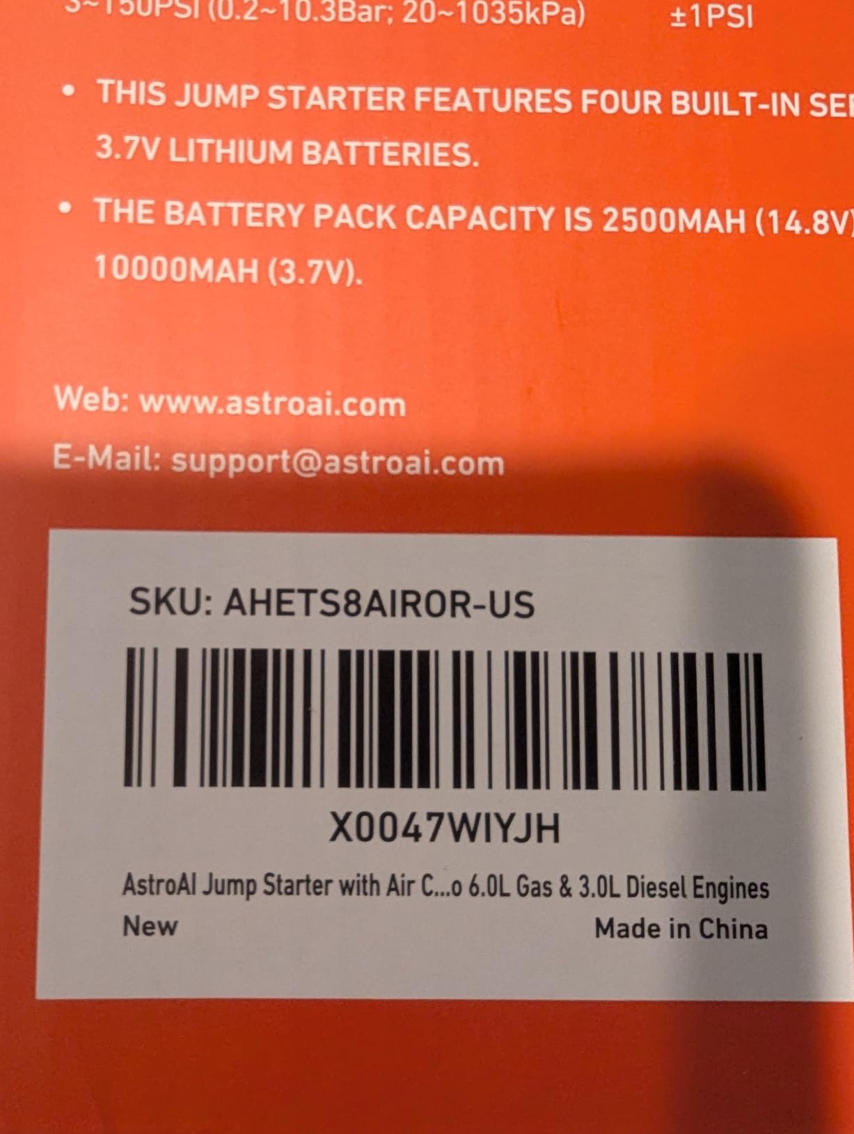 AstroAI S8 Air 3000A Jump Starter with Air Compressor, 12V Jump Box customer photo 1