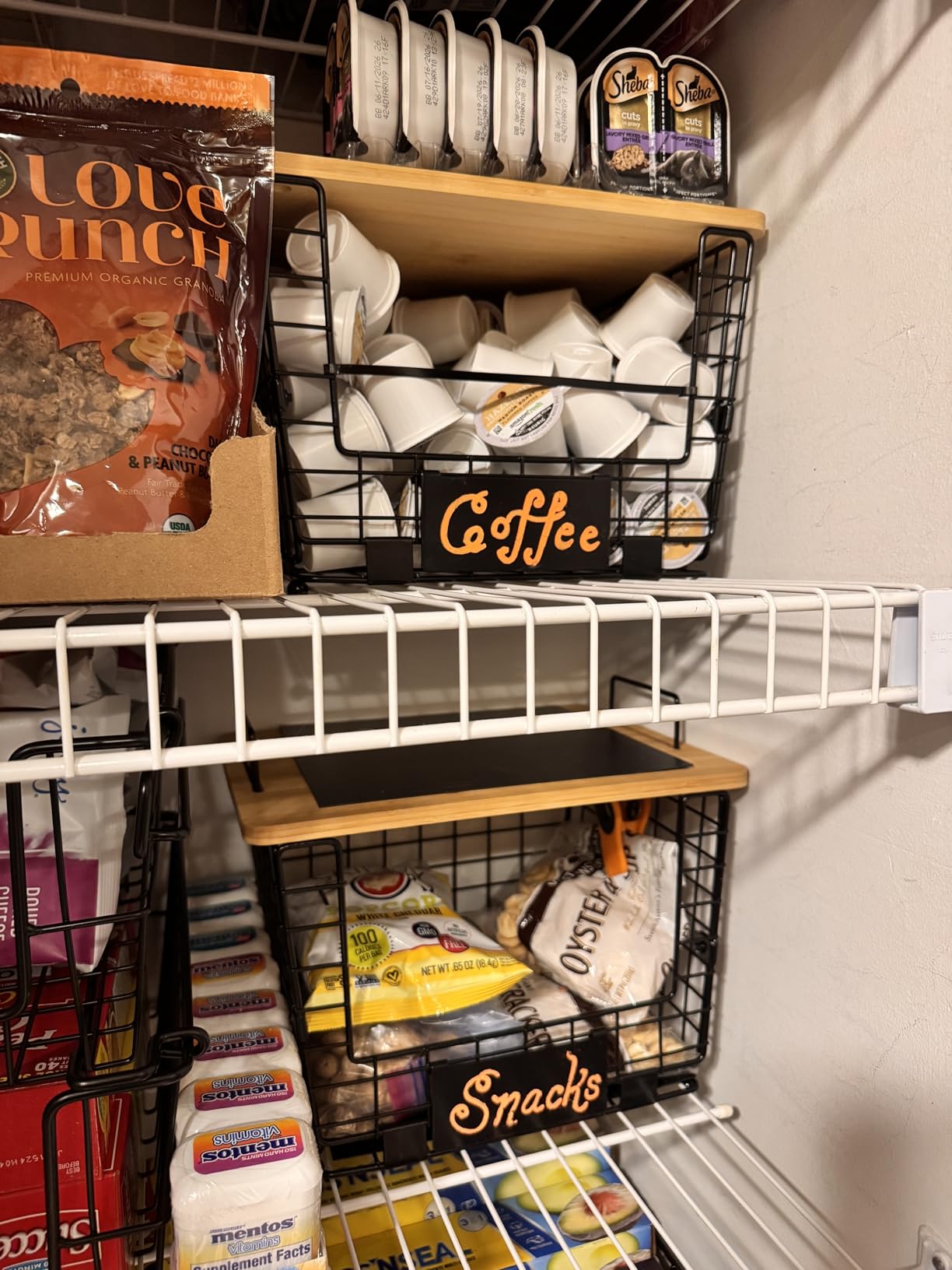 2 Set XL Stackable Wire Basket with Bamboo Tops & Tags- Pantry Organizer and Storage Bins, Kitchen Counter Cabinet Shelf Countertop Under Sink Organizing, Food Snack Produce Onion Potato Bread Storage customer photo 1