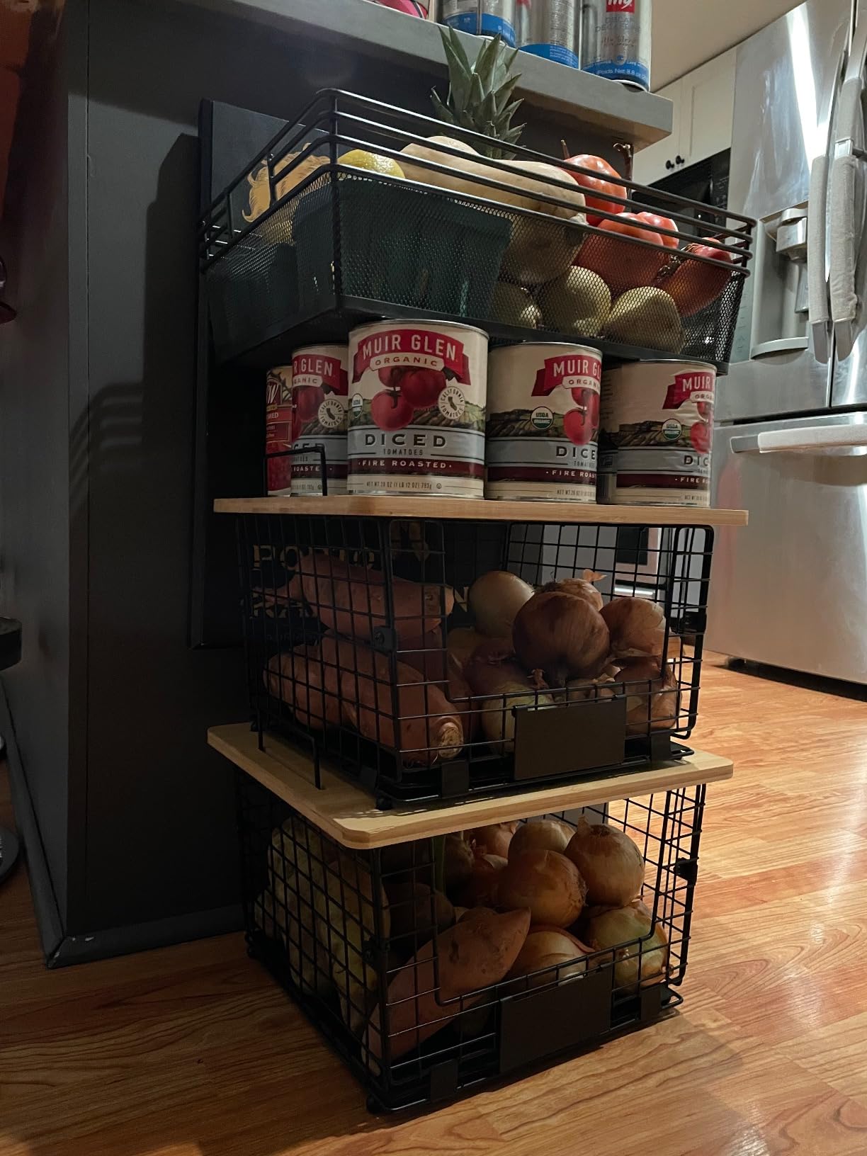 2 Set XL Stackable Wire Basket with Bamboo Tops & Tags- Pantry Organizer and Storage Bins, Kitchen Counter Cabinet Shelf Countertop Under Sink Organizing, Food Snack Produce Onion Potato Bread Storage customer photo 2