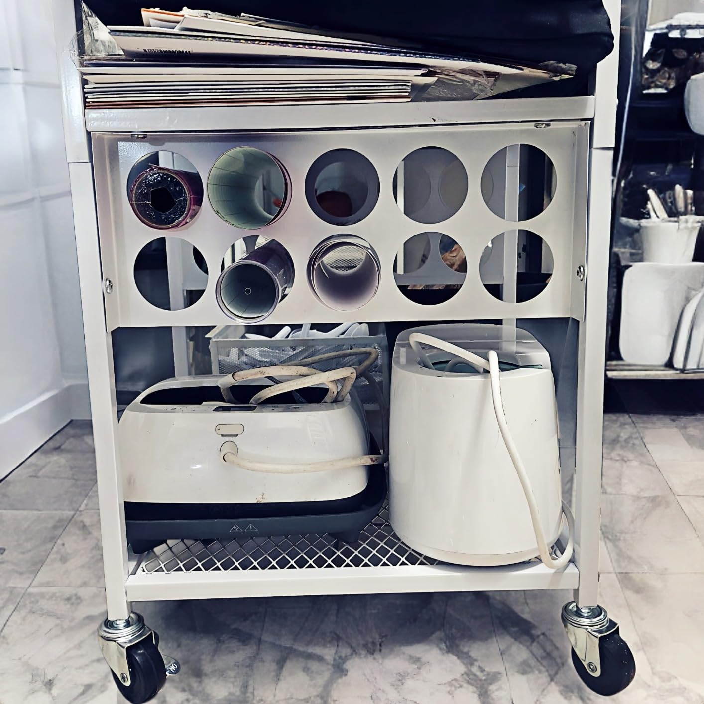 Craft Cart and Organizer Table Compatible with Craft Cutting Machine - Rolling Storage Organizer with Drawer & Vinyl Roll Holder, Crafting Table Workstation Holder for Craft Room Home Office (White) customer photo 2