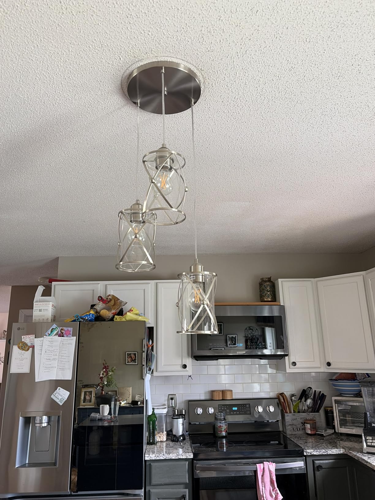 Brushed Nickel Pendant Lights Kitchen Island 3 Pack, Glass Kitchen Pendant Lighting Over Island with Rod, Modern Mini Hanging Light for Kitchen Sink Dining Room, CH9176BN-3PK customer photo 1