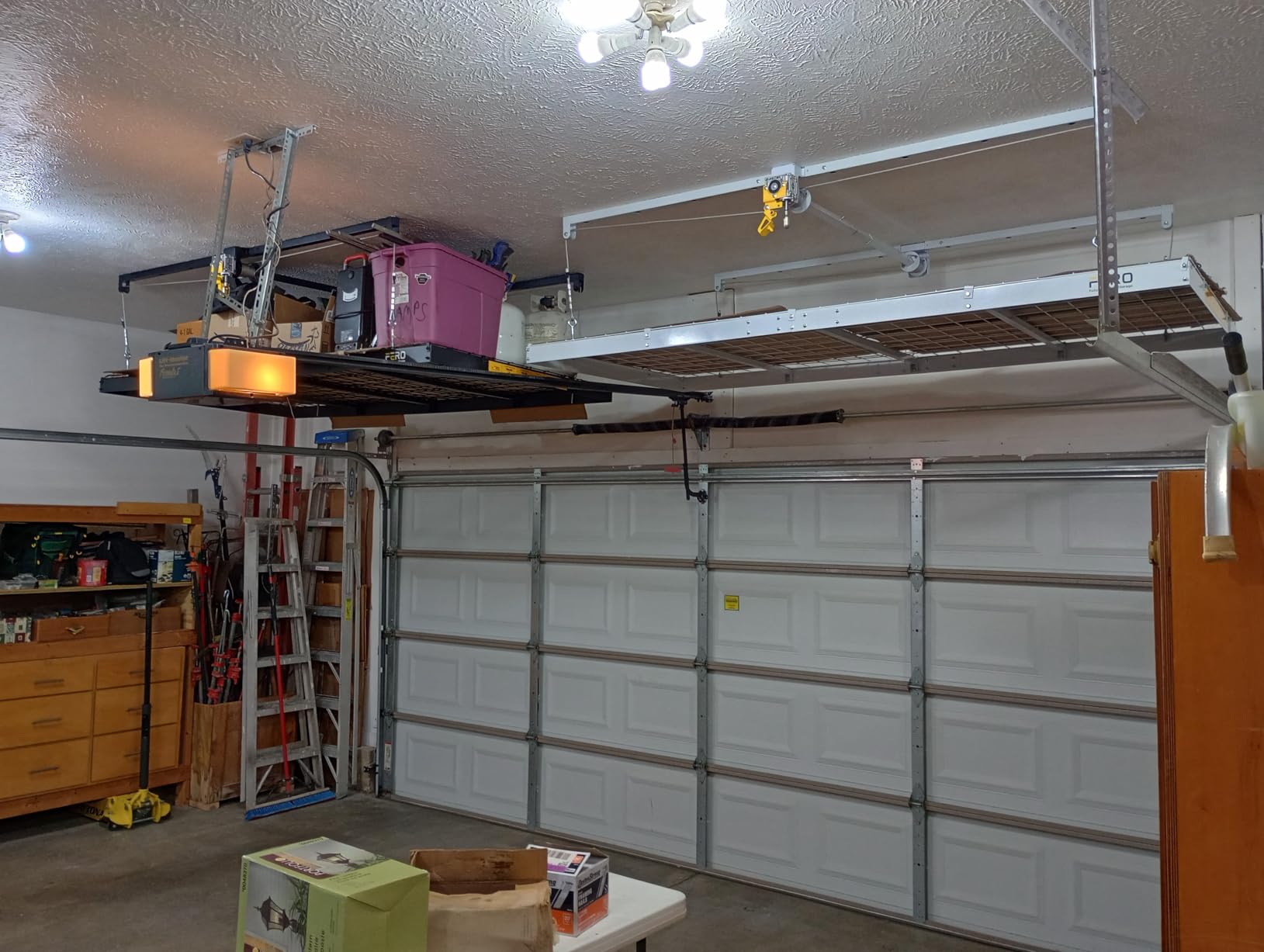 Garage Ceiling Storage Racks – 4x8 FT Overhead Garage Storage Rack with Safety Lock, Heavy-Duty Ceiling Mounted Lift System and Storage Organizer, Ideal for Maximizing Overhead Space, 325 lbs Capacity customer photo 1
