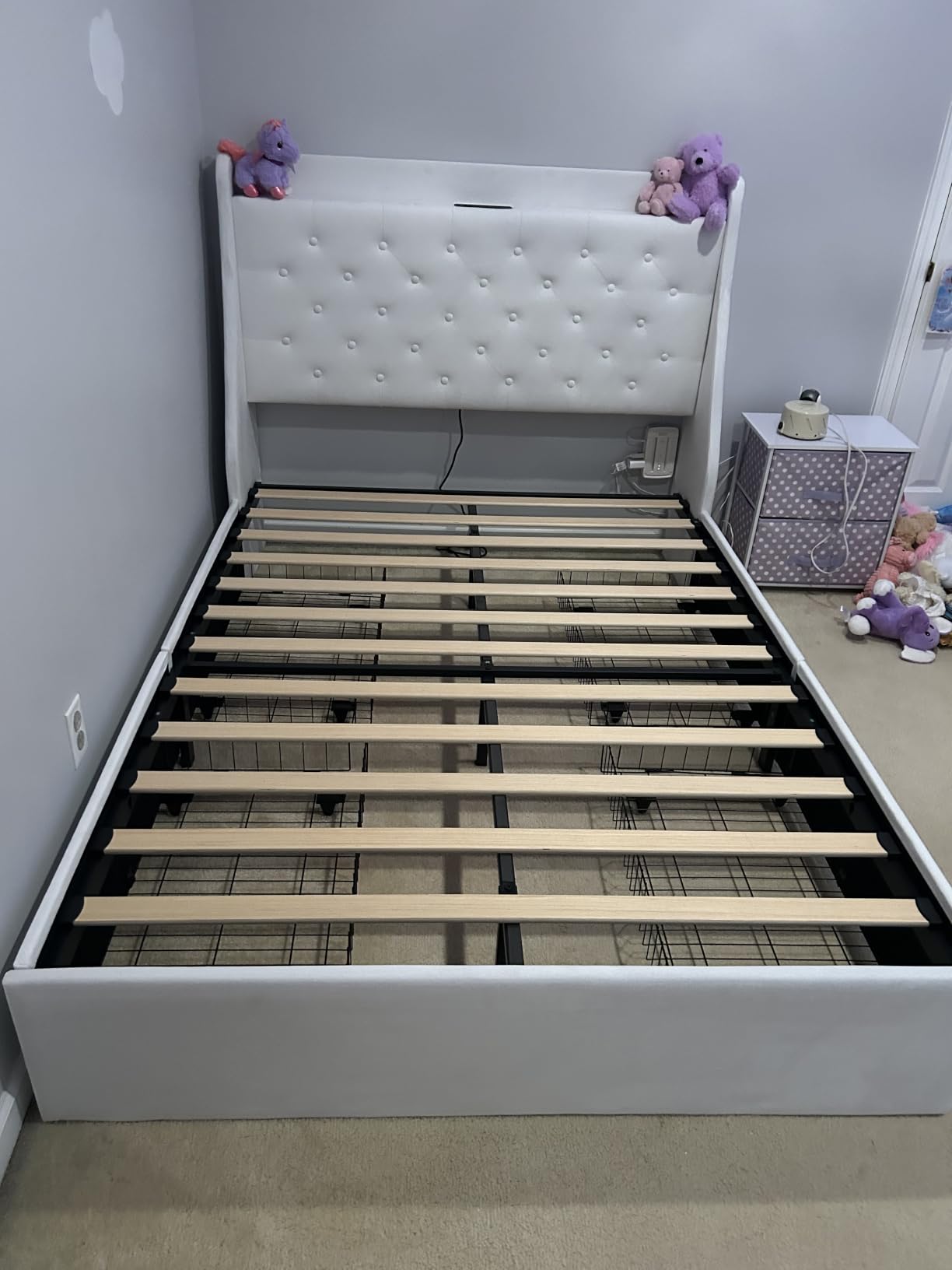 Feonase King Size Bed Frame with 4 Storage Drawers, Upholstered Storage Bed with Charging Station, Tufted Wingback Headboard, No Box Spring Needed, Beige customer photo 2