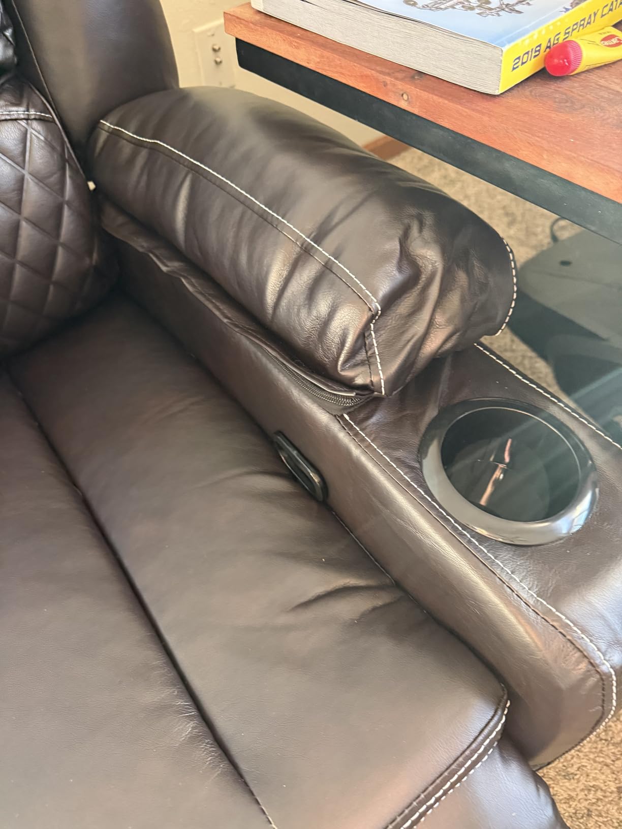 Yolsali 3-Seater Recliner Sofa, Manual Reclining Couch with Multi-Functional Middle Seat, Reclining Sofa for Living Room with Hidden Storage Space, Cup Holders, and Removable Console - PU Brown customer photo 2