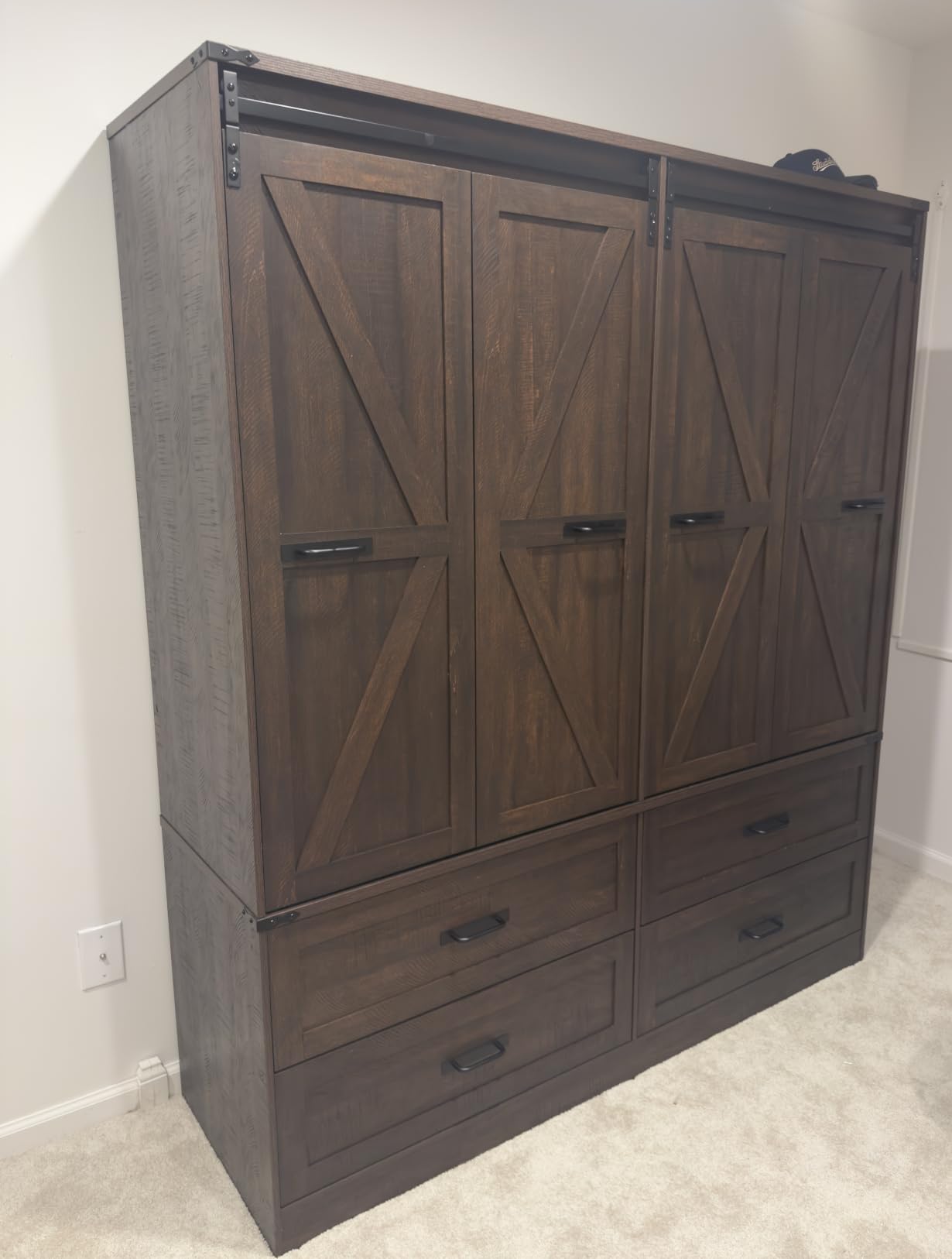 Farmhouse 4 Doors Armoire Wardrobe Closet w/Folding Sliding Barn Door and Lights, LED Armoire Closet w/Drawers for Bedroom, Freestanding Wooden Wardrobe Storage Closets w/Hanging Rod,Antique White customer photo 1