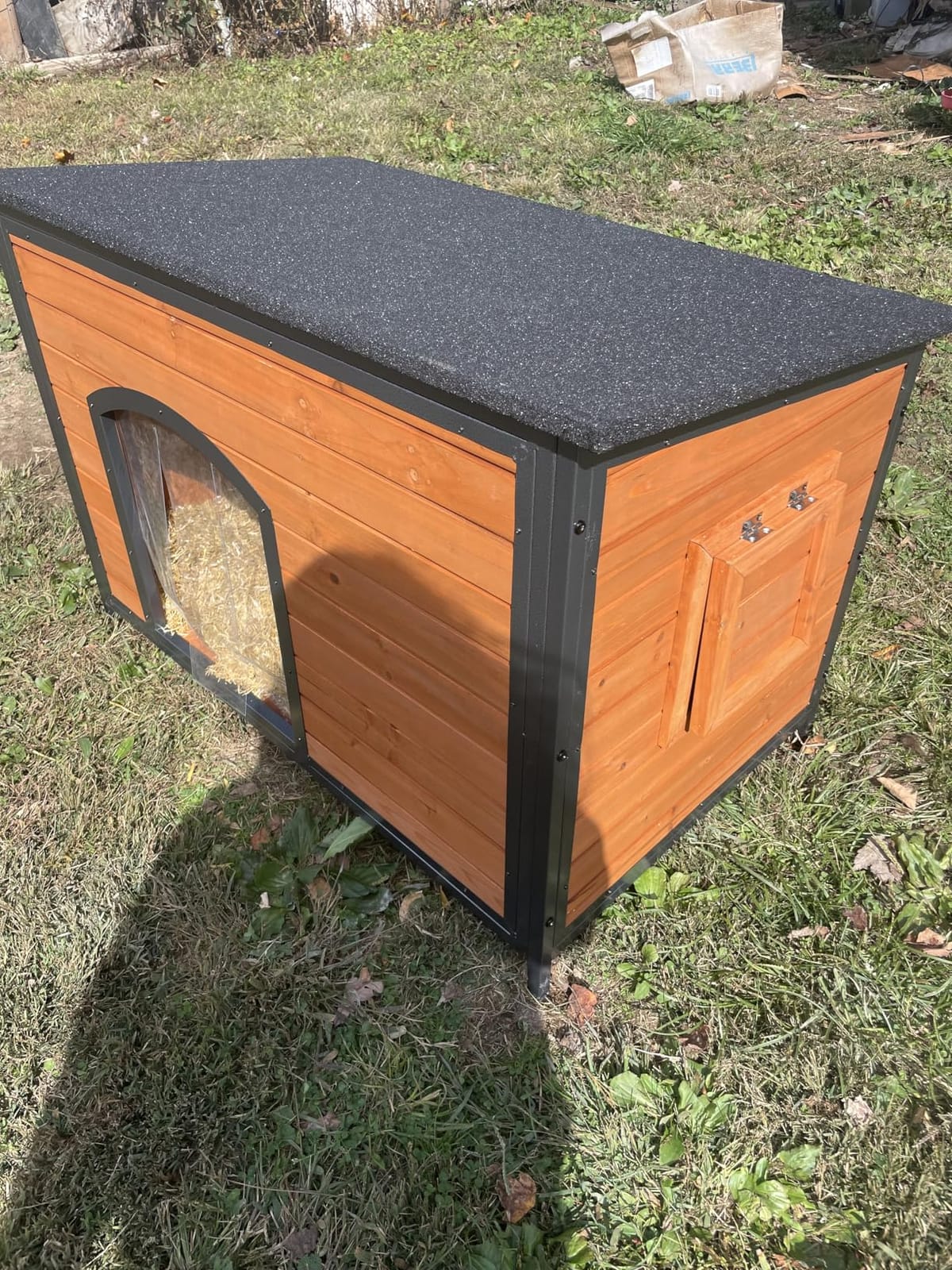 Outdoor Insulated Wooden Dog House Weatherproof Metal Frame Chew Resistant customer photo 1