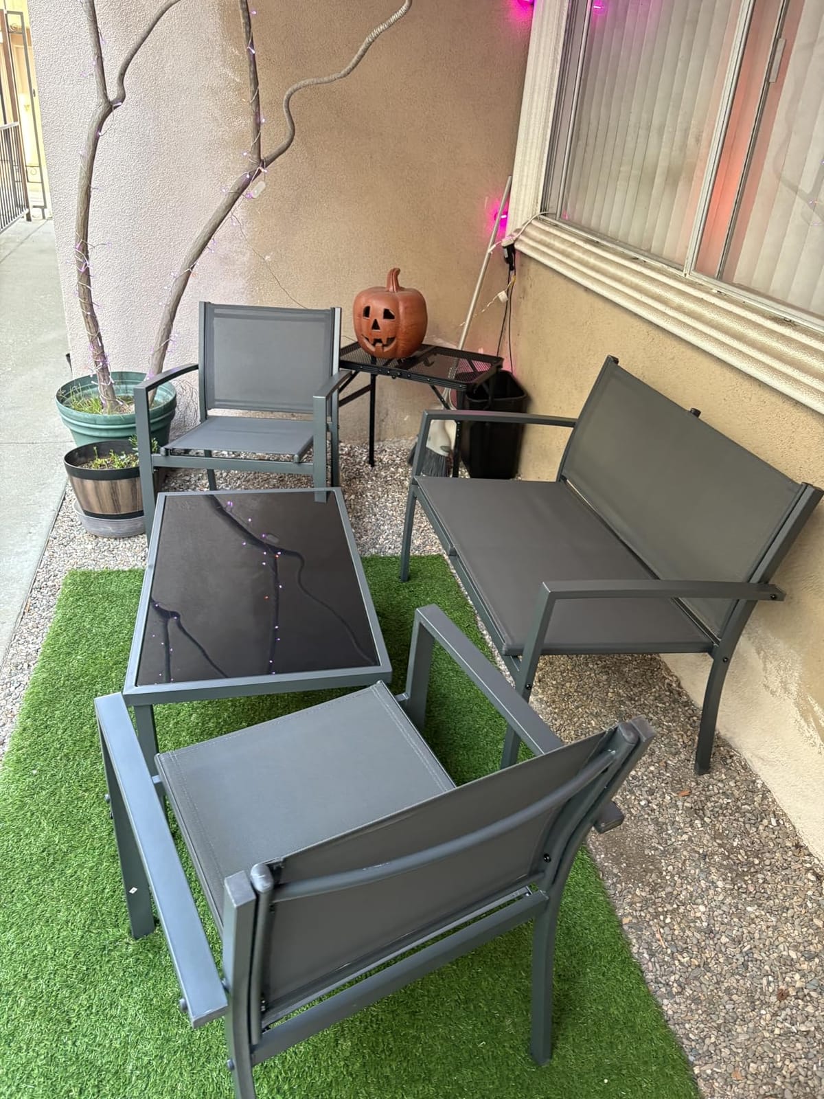 Shintenchi 4 Pieces Patio Furniture Set All Weather Textile Fabric Outdoor Conversation Set, with Glass Coffee Table, Loveseat, 2 Single Chairs for Home, Garden, Lawn, Porch(Black) customer photo 1