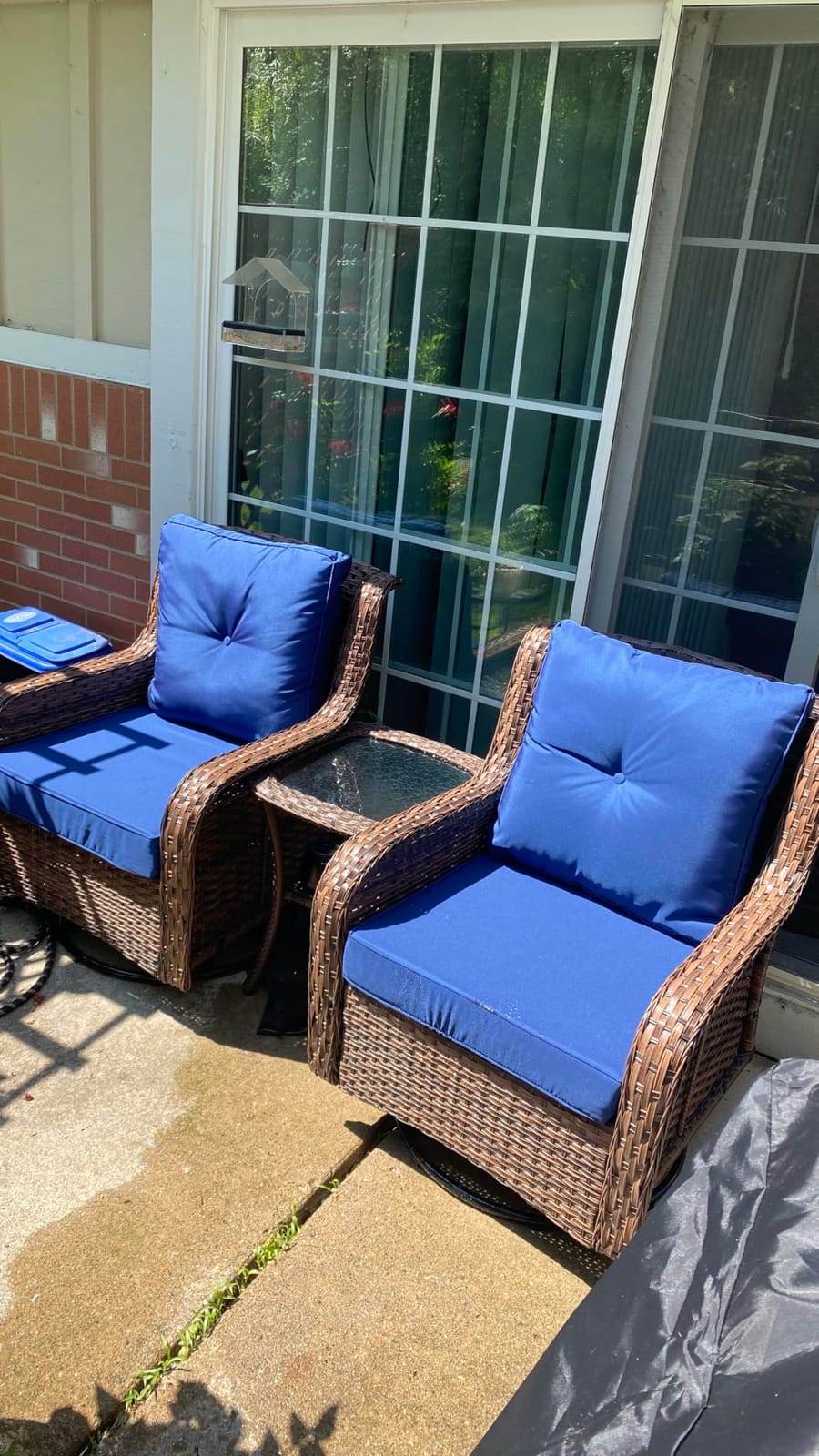 Wumiokio Patio Furniture Sets, 3 Pieces Wicker Outdoor Furniture - 360 Degree Swivel Rocking Chairs and Rattan Side Table for Garden,Porch,Backyard (Grey Wicker/Blue Cushion, 3PCS - Swivel Chairs) customer photo 2