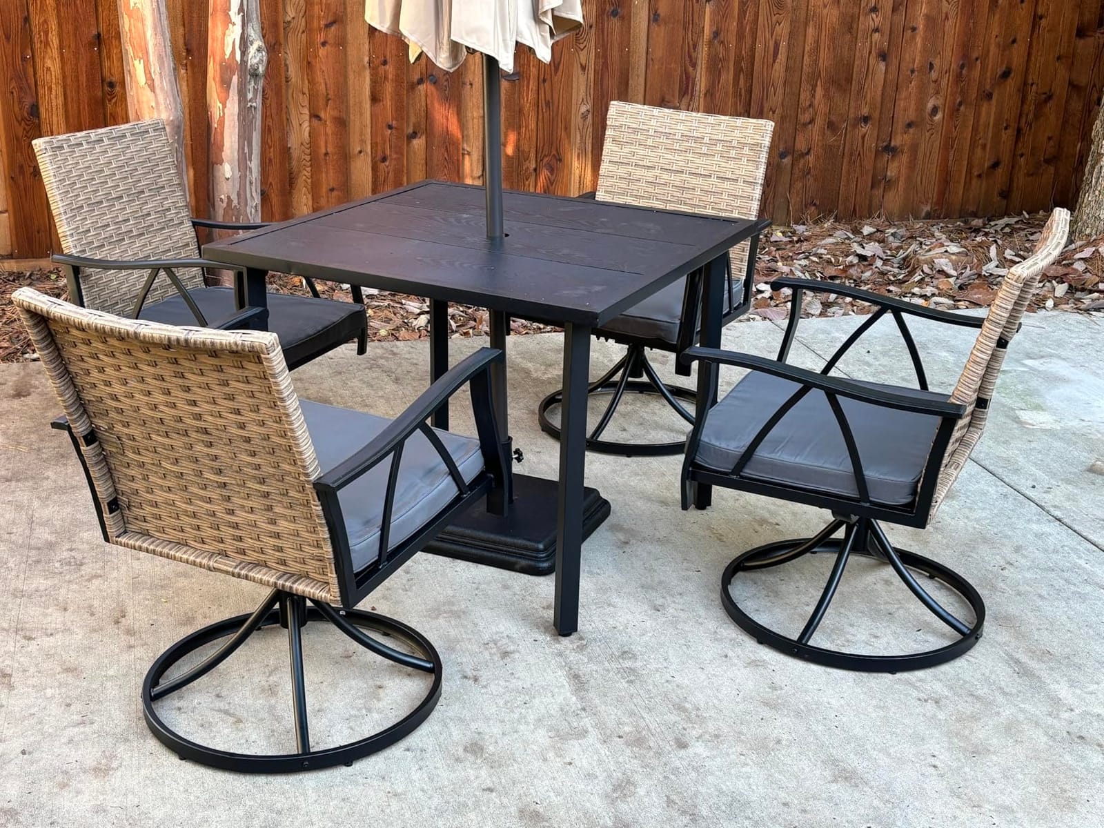 7-Piece Patio Dining Set for 6, Outdoor Dining Set with Wicker Swivel Patio Dining Chairs with Cushions & Black Rectangular Woodgrain Dining Table with 1.75”Umbrella Hole, Black & Brown customer photo 2