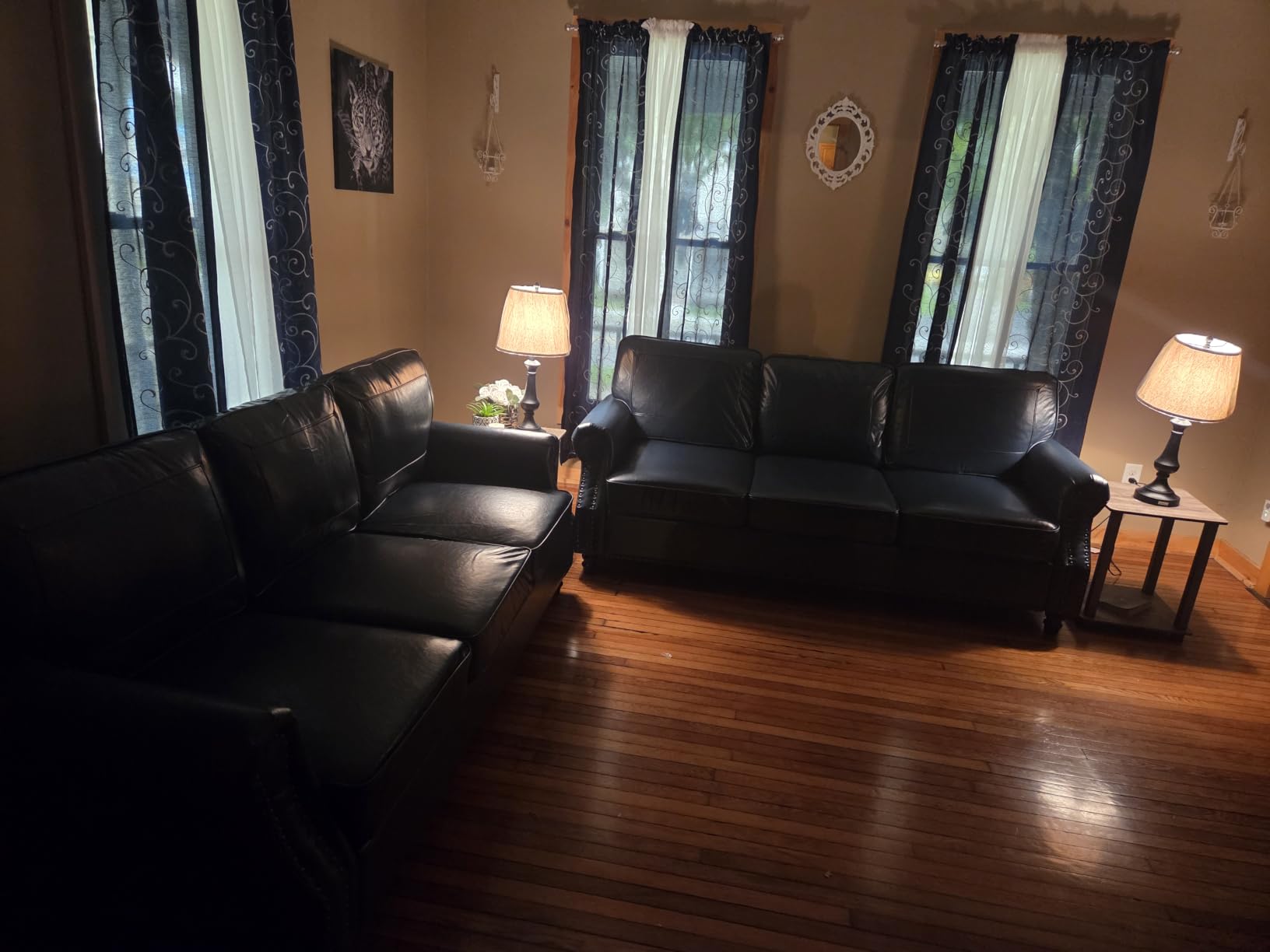 WILLOVE Faux Leather Sofa, Mid Century Modern Couch with Rolled Arm & Nailhead Trim for Living Room, Office - Blue customer photo 1