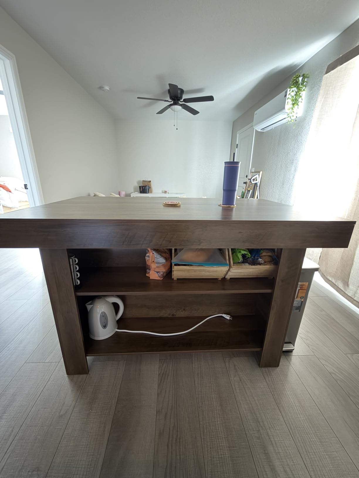 LITTLE TREE 55 Inches Kitchen Island with Storage, 3-Tier Farmhouse Wooden Stationary Island Table with Large Worktop & Leg Room, Modern Coffee Bar Table with Storage Shelf for Kitchen, Rustic Brown customer photo 2
