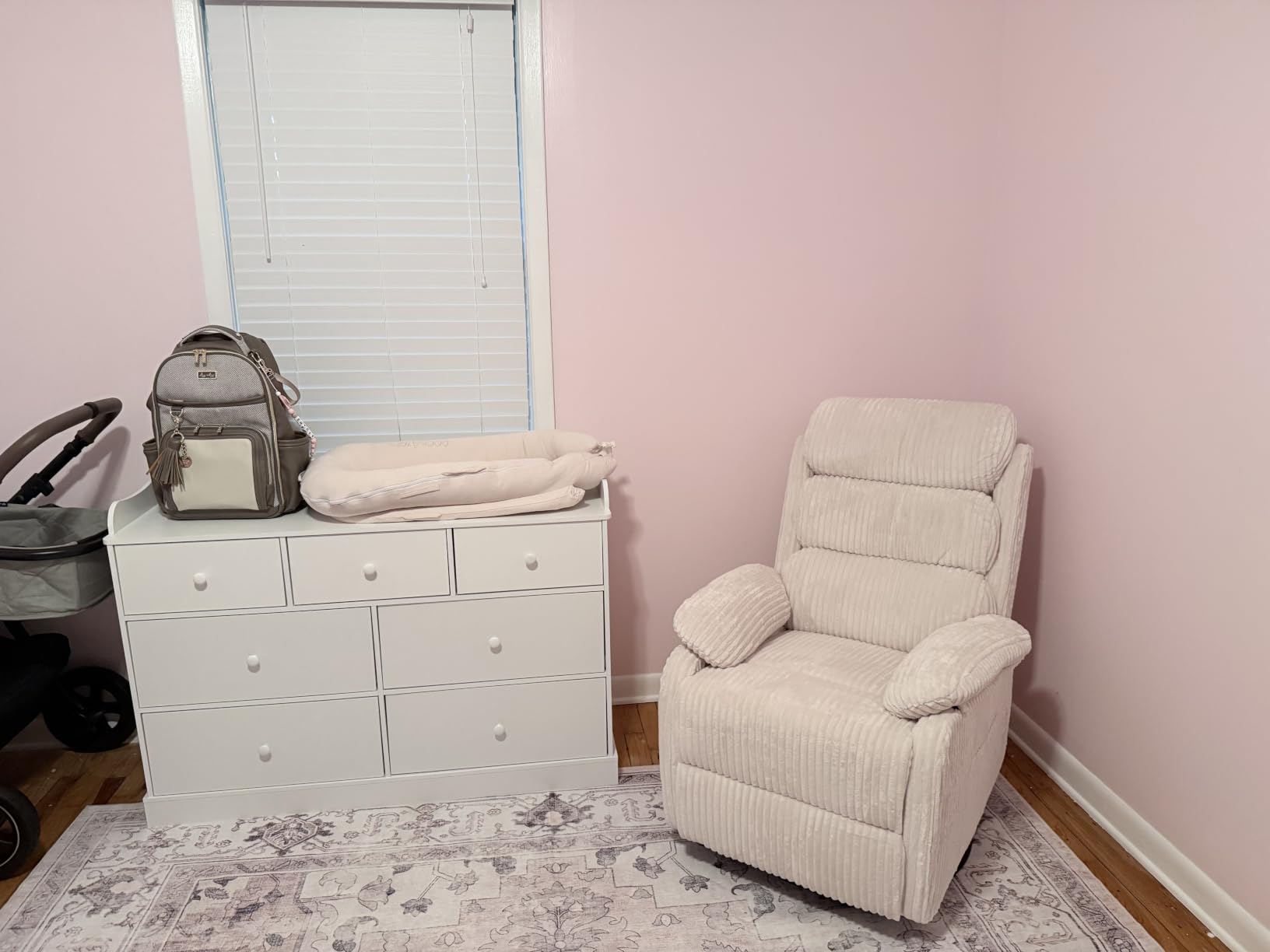 Velvet Upholstered Glider Recliner Chair – 360° Swivel Rocker Chair for Adults, Small Rocking Chair for Small Spaces, Soft Fabric Recliner Chair with Side Pockets, Comfortable Nursery Chair,Brwon customer photo 1