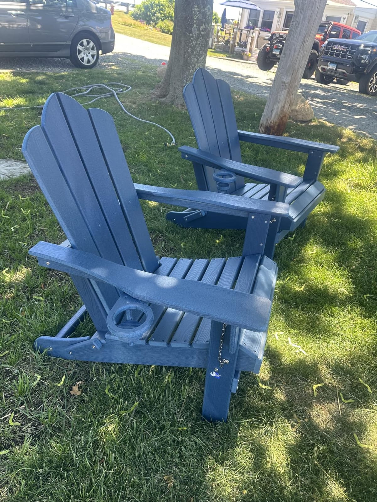 KINGYES Folding Adirondack Chair Set of 2 with Cup Holder, Navy | HDPE All-Weather Patio Chairs, Wooden Textured Lawn Chair for Poolside, Backyard, Deck, Fire Pit customer photo 1
