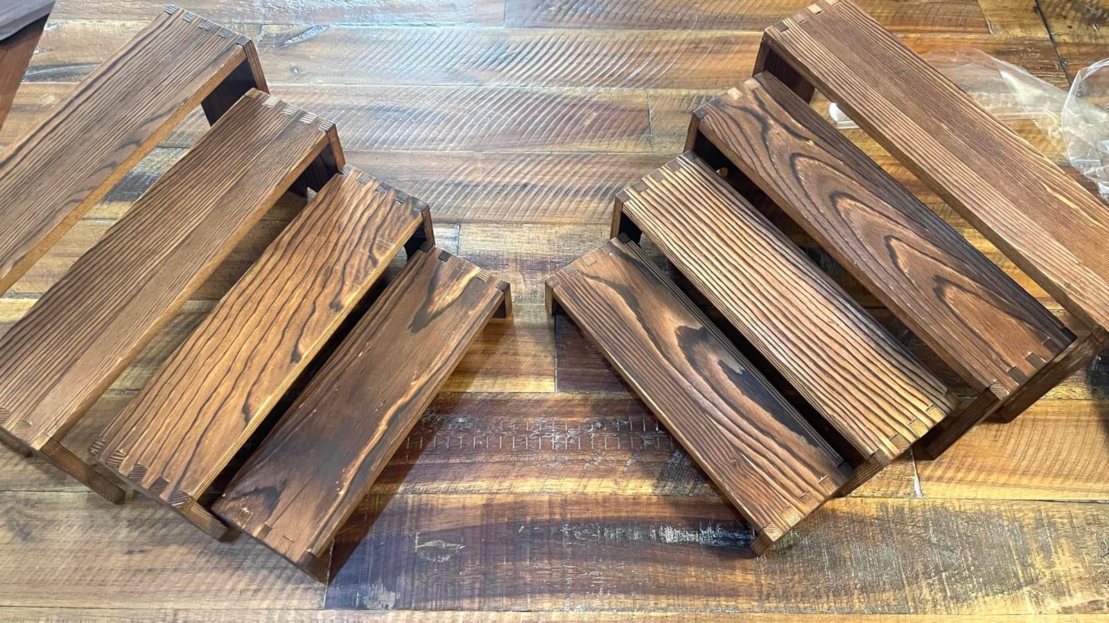 2 Set wood tone Wooden Tiered Display Stands 4 Tier Stackable Pine Wood Display Risers, Suitable for Vendor Events, Cupcake Stands, cake stand Wooden Dessert Table Sets, Vendor Booth Displays,Cosmetic & pantry organizers and storage can organizer, Kitchen Spice Storage, Outdoor Party Food Displays display stands(12-11.2-10.4-9.6IN) customer photo 1