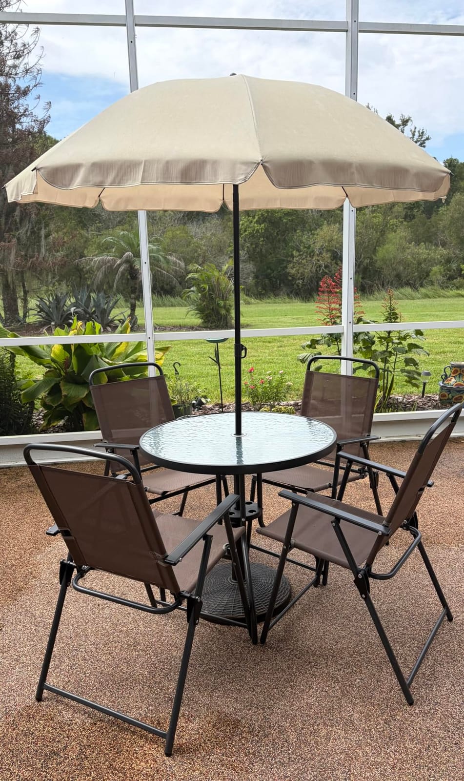 Shintenchi 6 Piece Patio Dining Set with Umbrella, Outdoor Furniture Set with 4 Folding Chairs and Tempered Glass Top Dining Table fot Lawn Backyard Garden Porch Brown and Beige customer photo 2