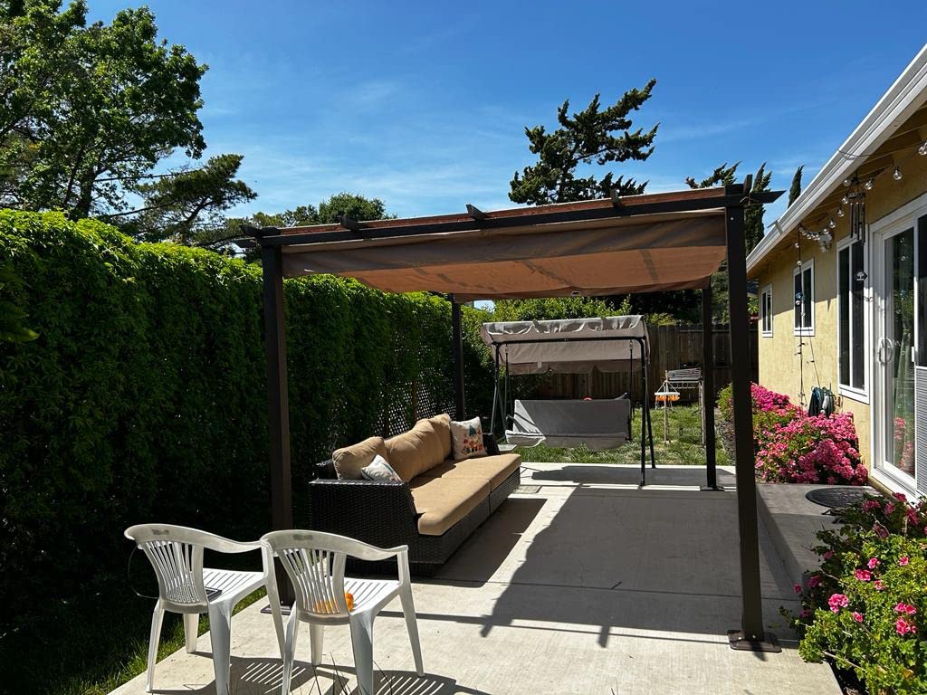 HAPPATIO 10' X 13' Wood-Grain Retractable Pergola with Sun Shade Canopy, Patio Aluminum Frame Shelter for Backyards, Gardens, Porch, Includes Ground Studs and Expansion Screws (Beige) customer photo 2
