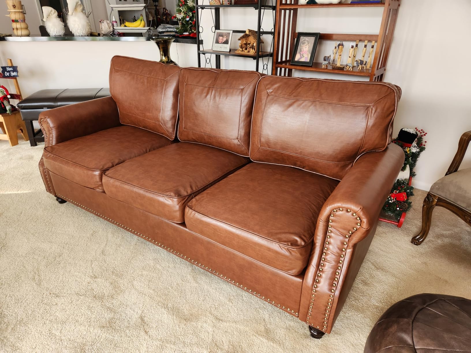 Kingfun Faux Leather 3 Seater Sofa with Rolled Arms,Cream customer photo 1